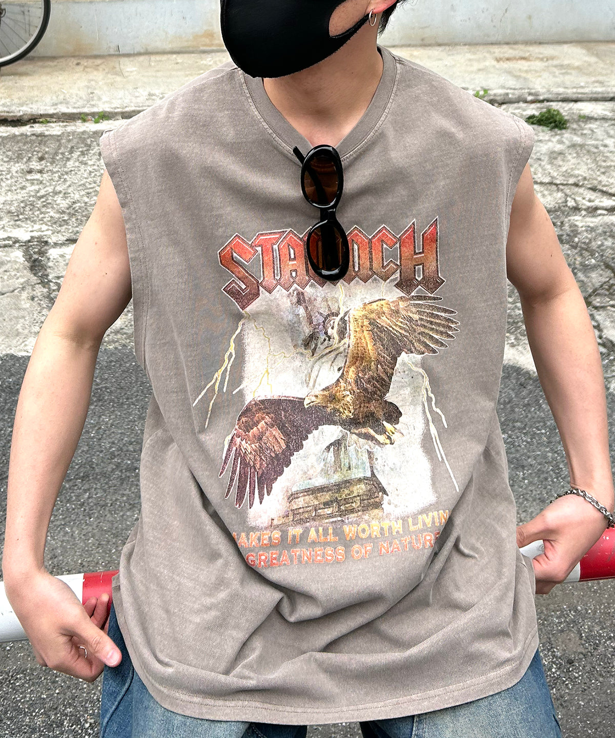 25SS ヴィンテージライク ピグメント加工 アメカジ風 レトロプリント ノースリーブ