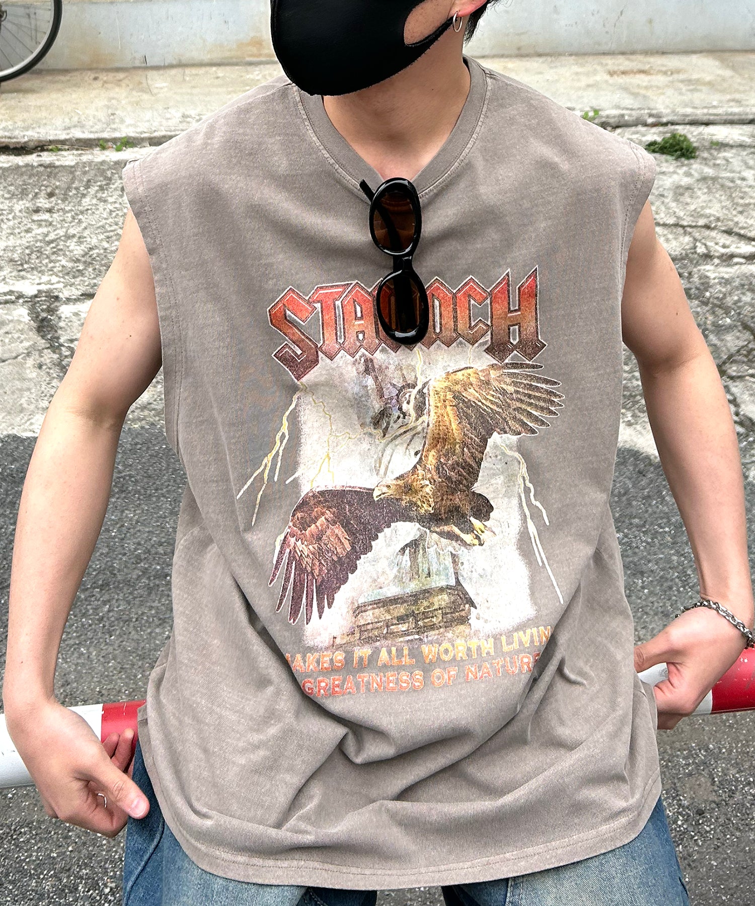 25SS ヴィンテージライク ピグメント加工 アメカジ風 レトロプリント ノースリーブ