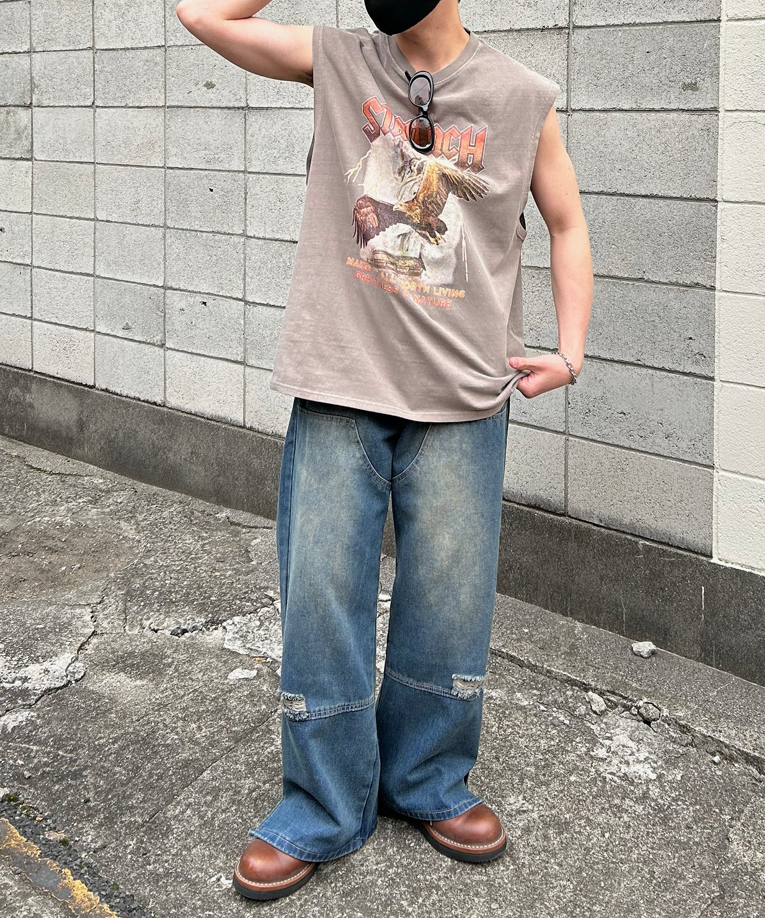 25SS ヴィンテージライク ピグメント加工 アメカジ風 レトロプリント ノースリーブ