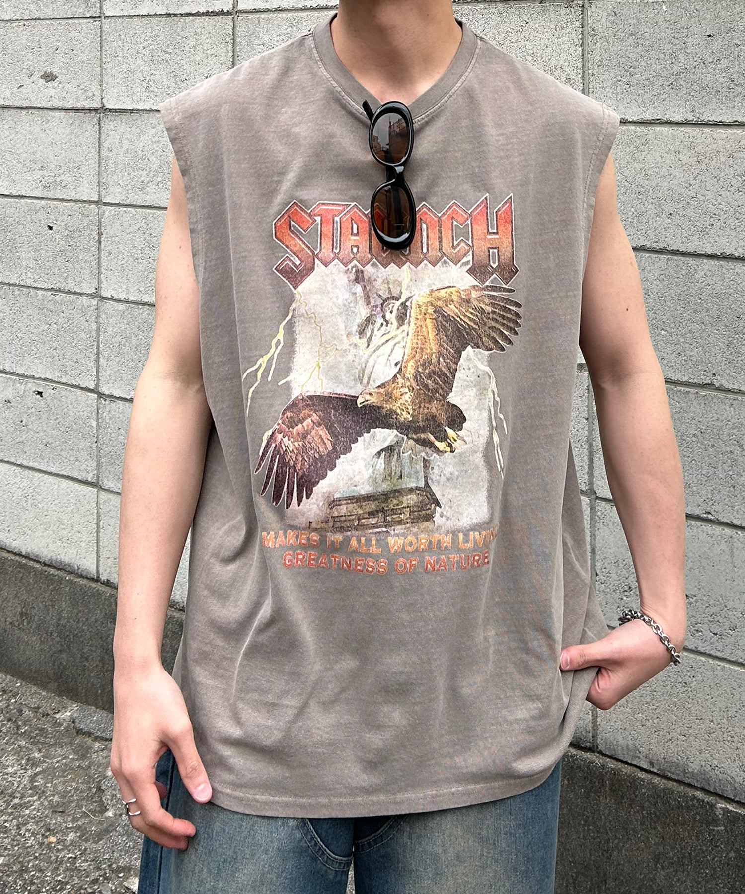 25SS ヴィンテージライク ピグメント加工 アメカジ風 レトロプリント ノースリーブ