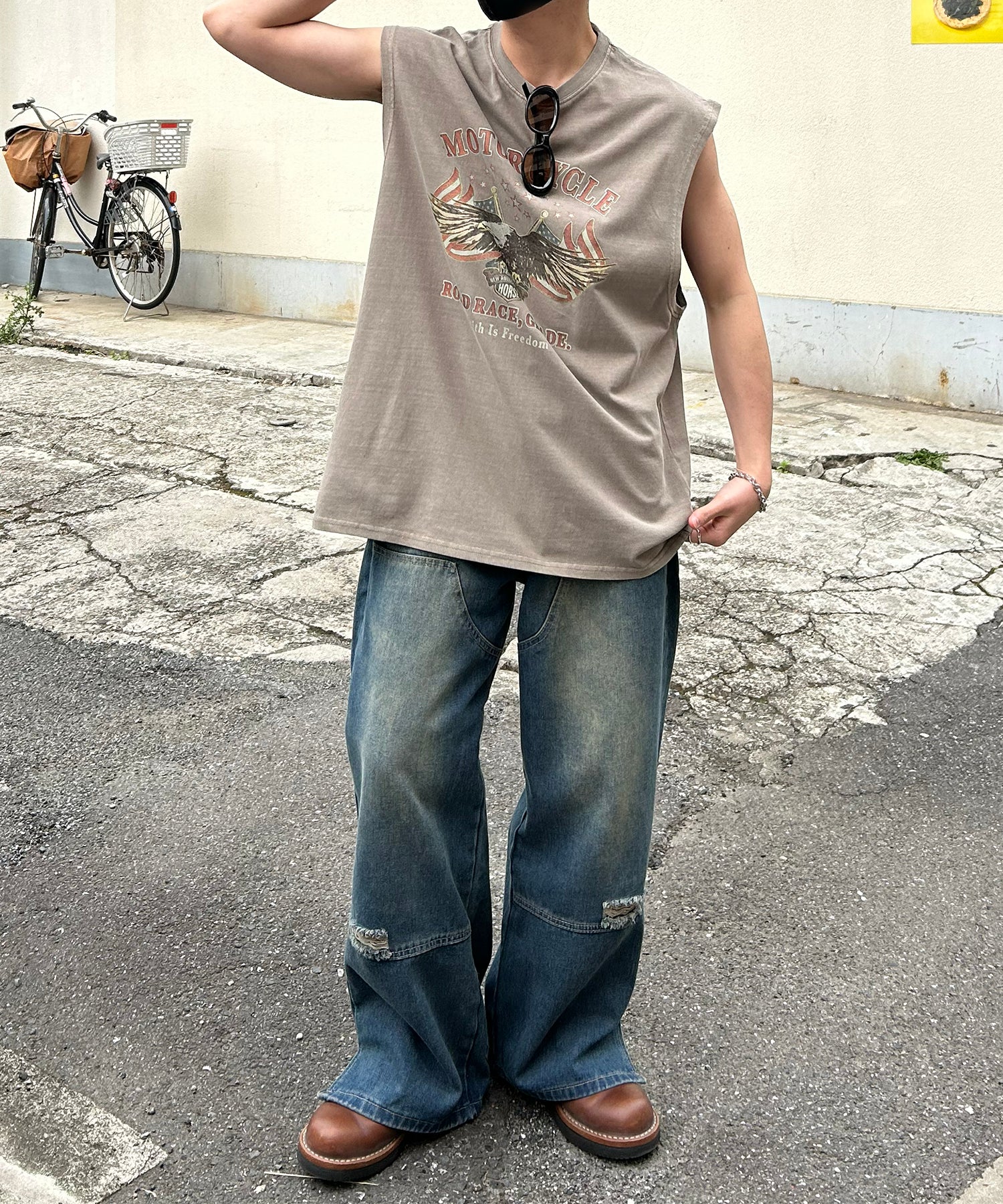 ヴィンテージライク ピグメント加工 アメカジ風 レトロプリント ノースリーブ