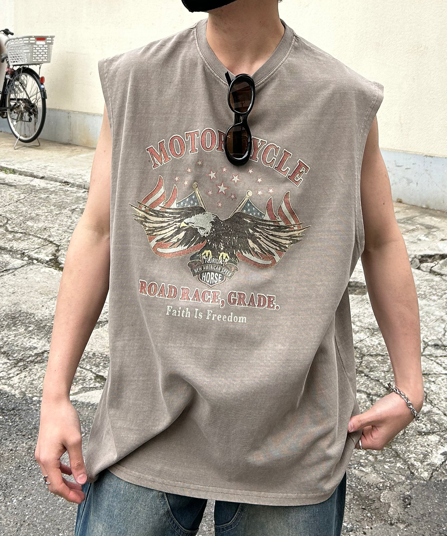 ヴィンテージライク ピグメント加工 アメカジ風 レトロプリント ノースリーブ