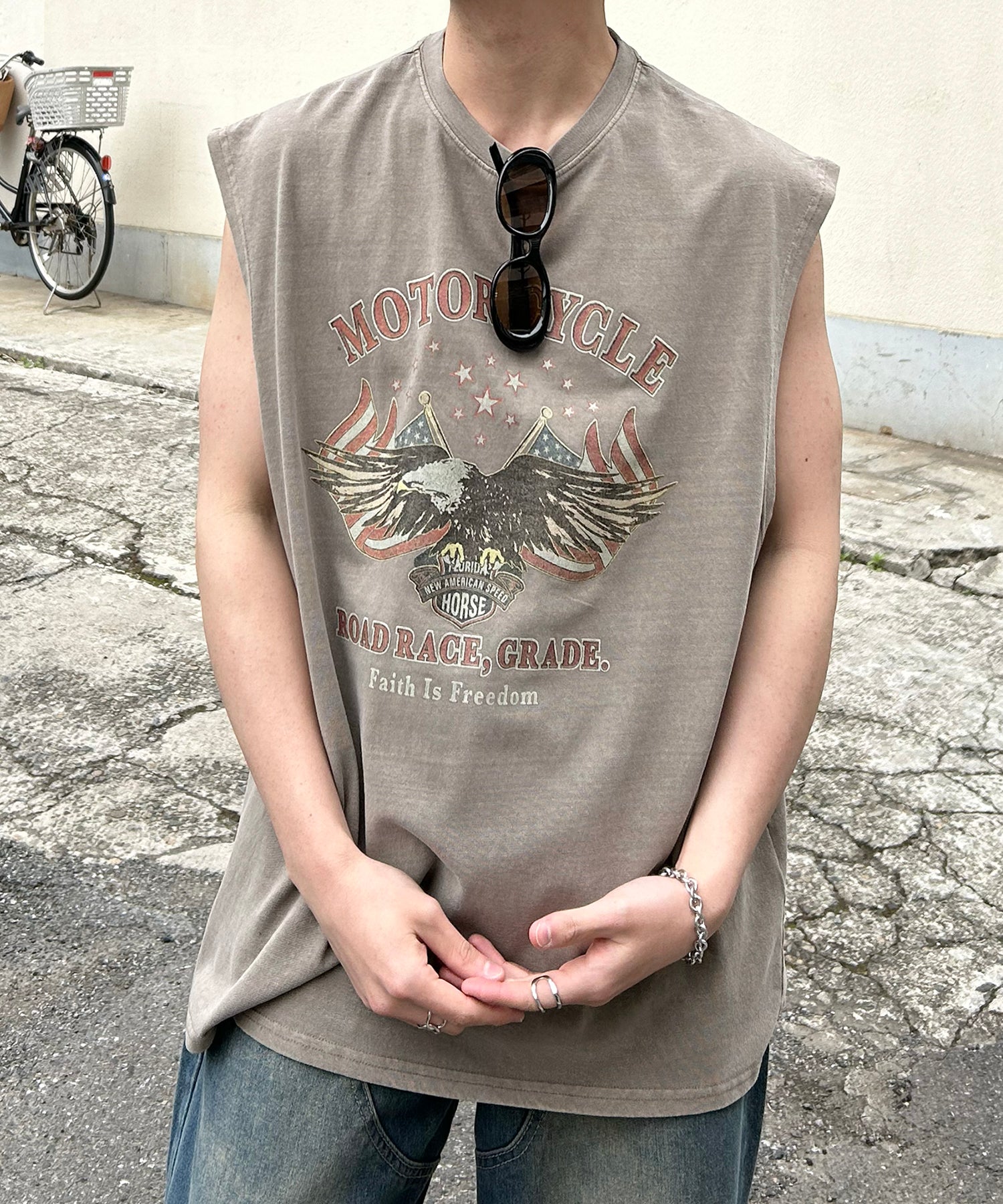 ヴィンテージライク ピグメント加工 アメカジ風 レトロプリント ノースリーブ