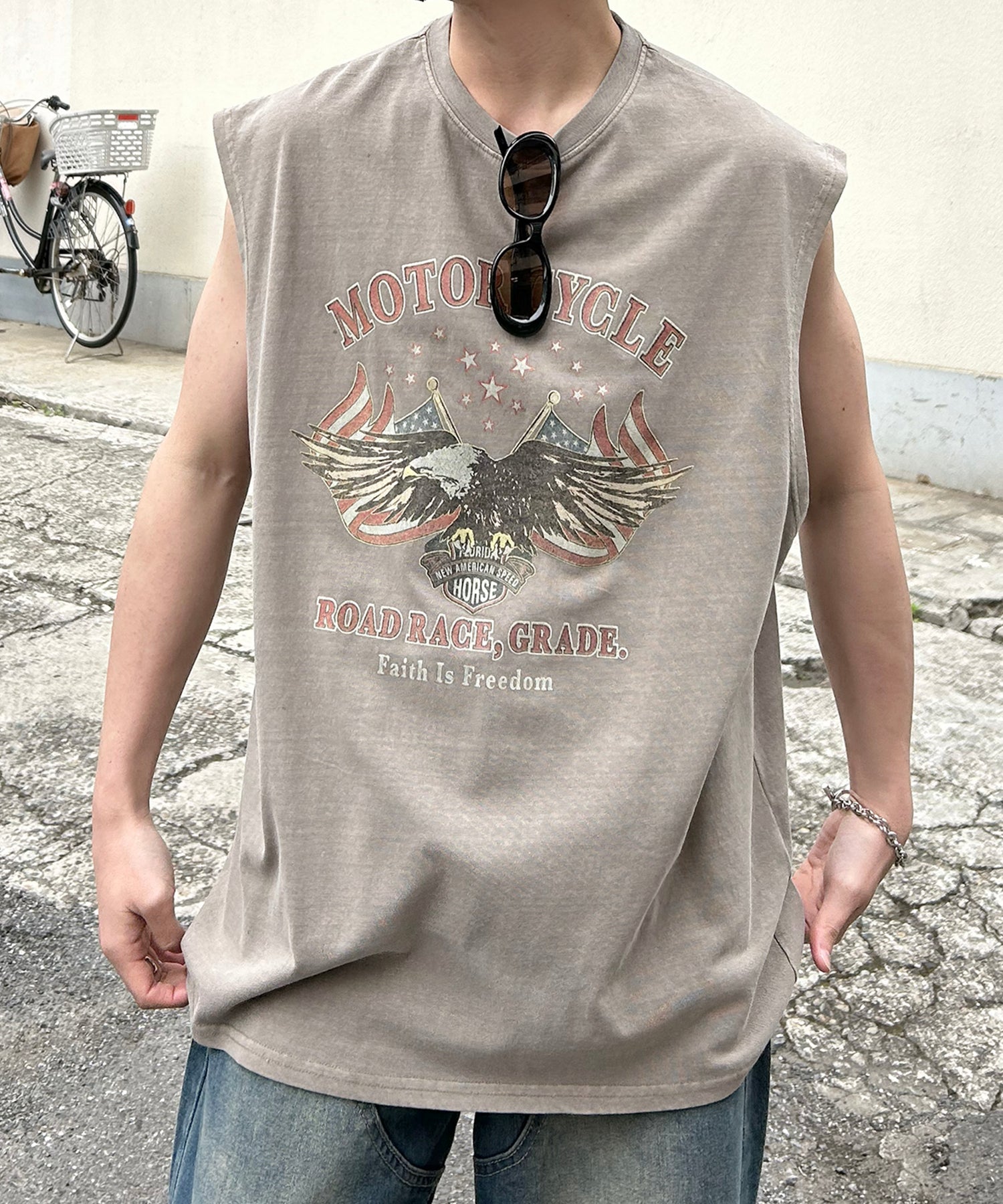 ヴィンテージライク ピグメント加工 アメカジ風 レトロプリント ノースリーブ