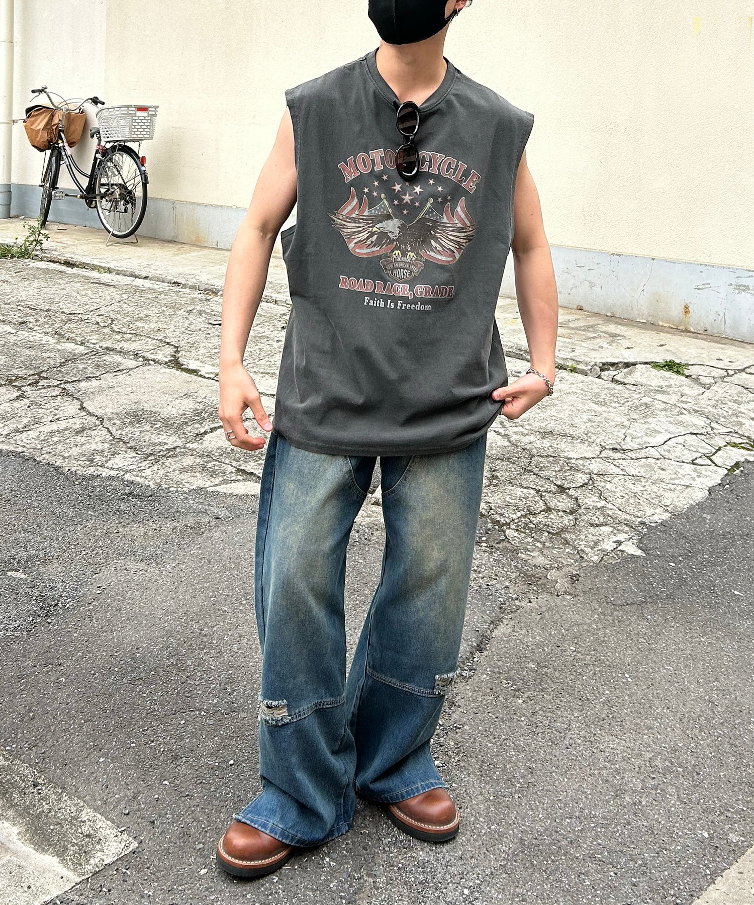 ヴィンテージライク ピグメント加工 アメカジ風 レトロプリント ノースリーブ