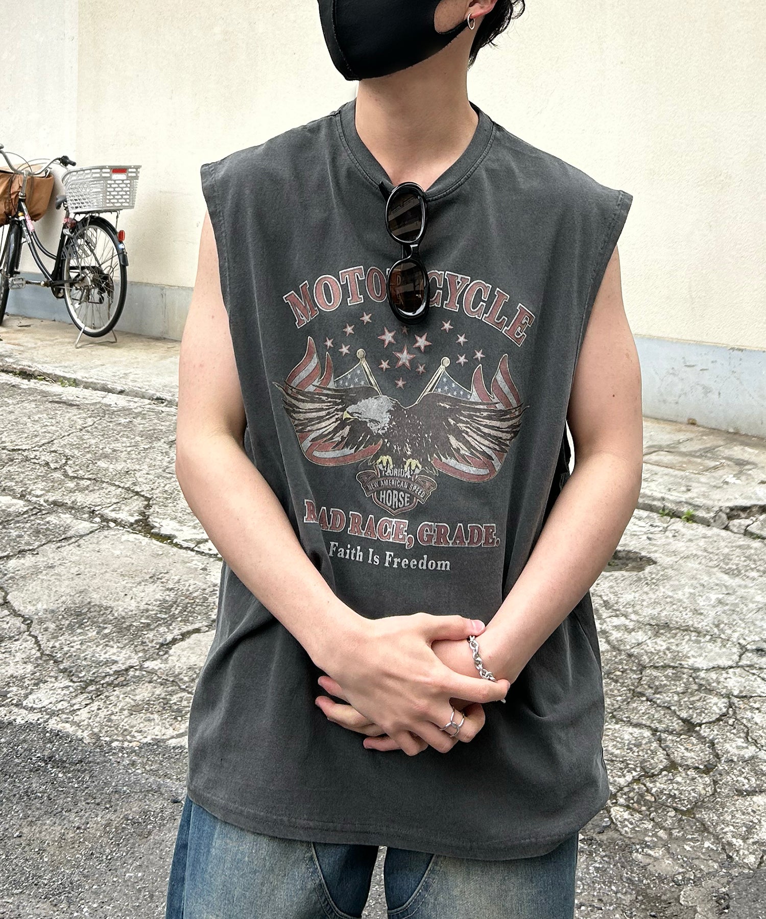 ヴィンテージライク ピグメント加工 アメカジ風 レトロプリント ノースリーブ