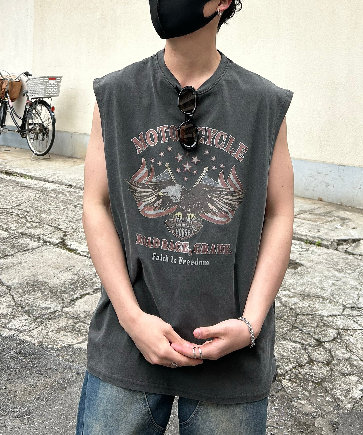 ヴィンテージライク ピグメント加工 アメカジ風 レトロプリント ノースリーブ