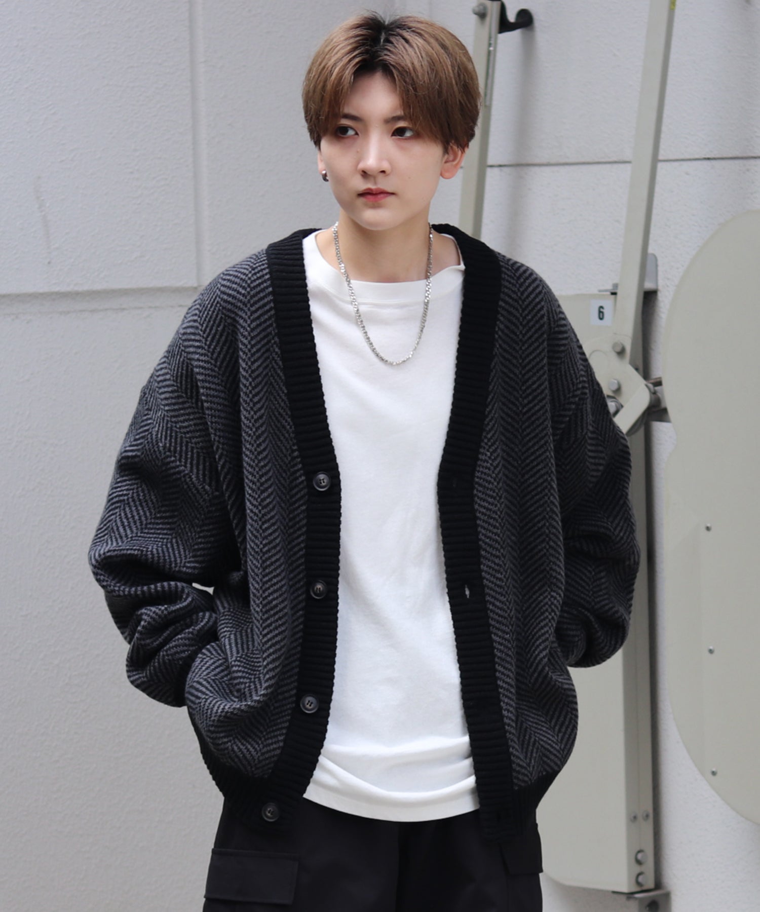 ビッグシルエット ヘリンボーン柄 ニットカーディガン