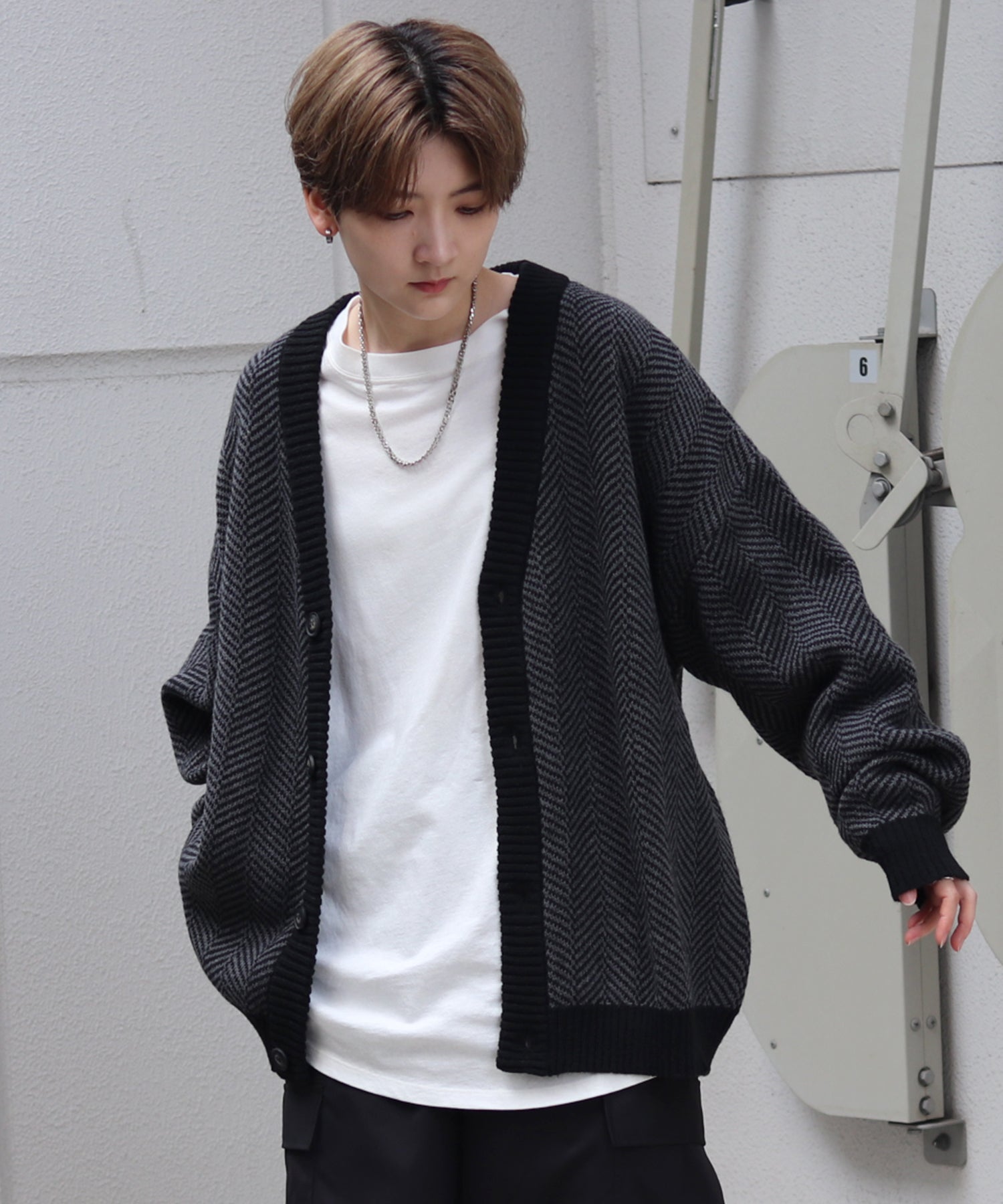 ビッグシルエット ヘリンボーン柄 ニットカーディガン