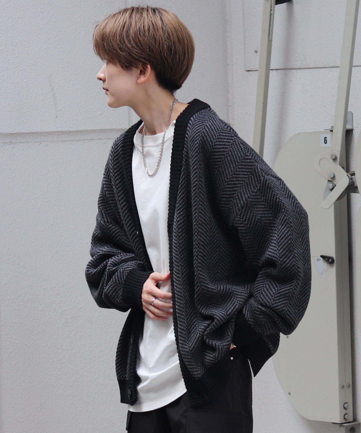 ビッグシルエット ヘリンボーン柄 ニットカーディガン