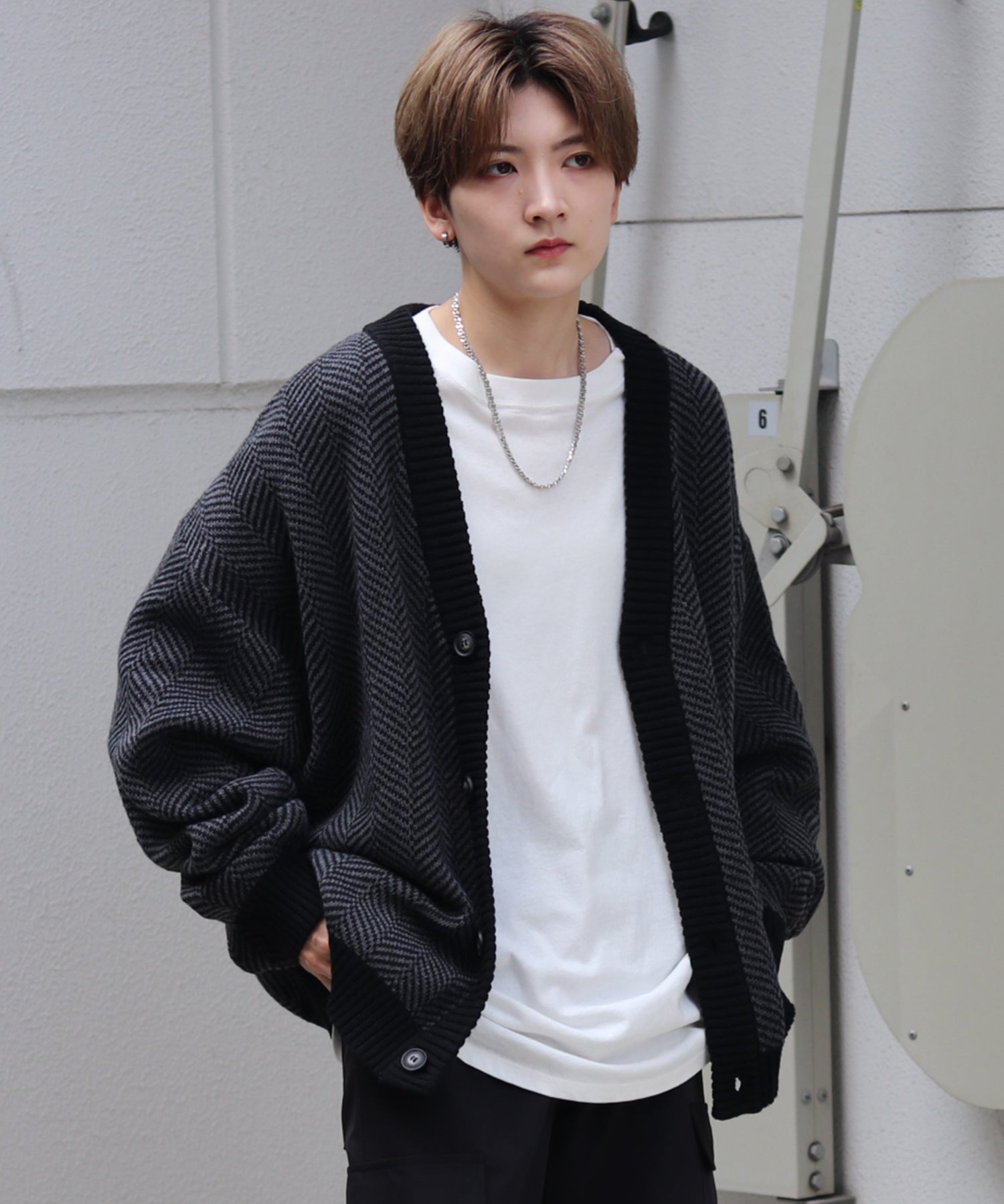 ビッグシルエット ヘリンボーン柄 ニットカーディガン