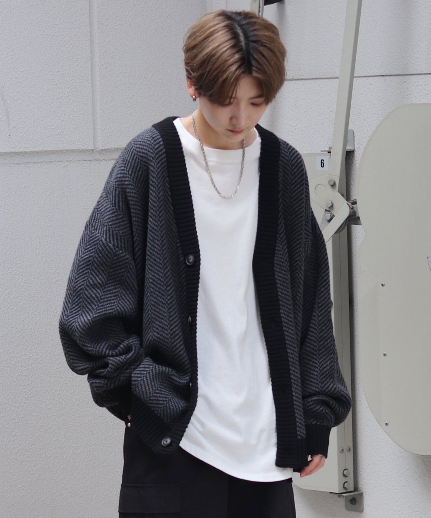 ビッグシルエット ヘリンボーン柄 ニットカーディガン