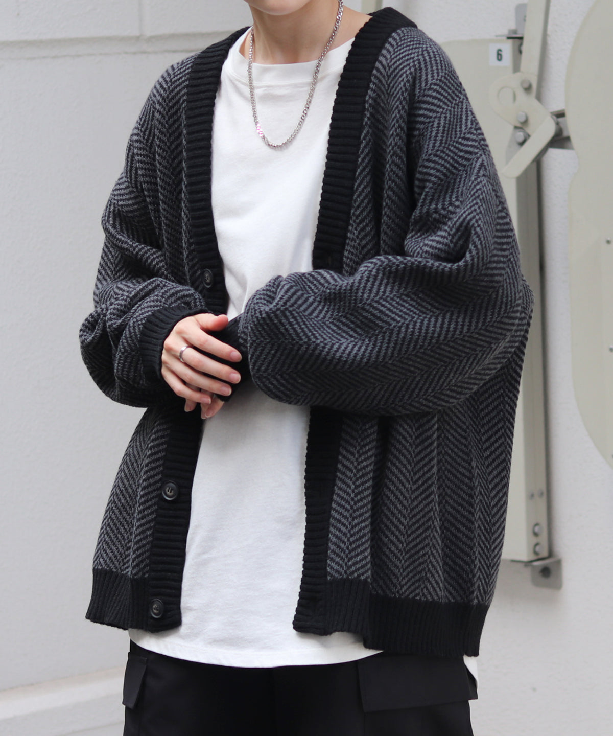 ビッグシルエット ヘリンボーン柄 ニットカーディガン