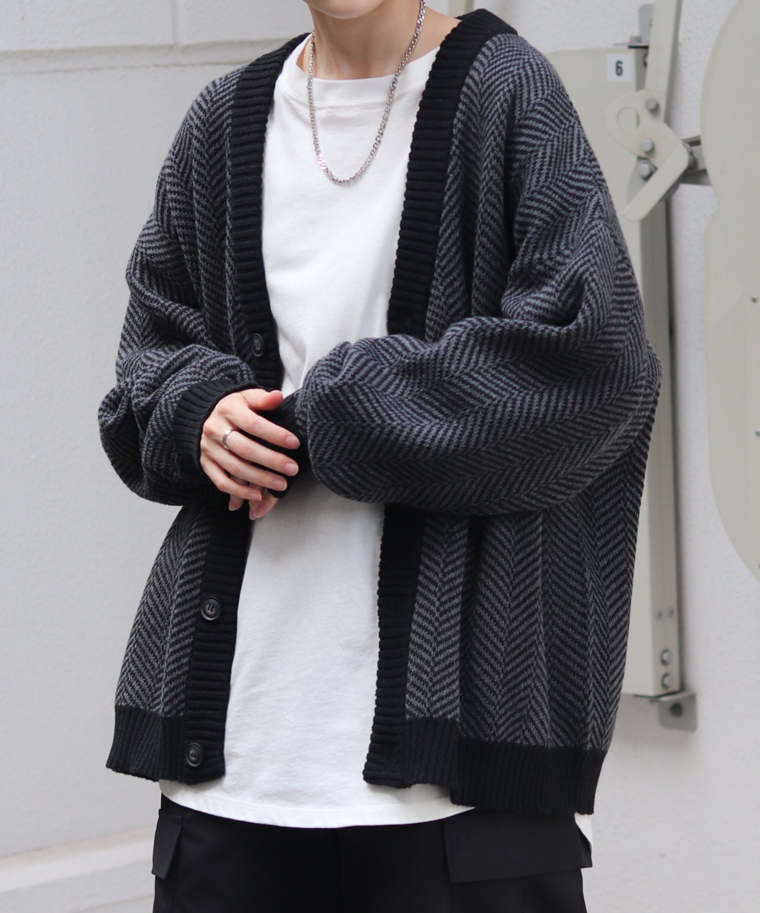 ビッグシルエット ヘリンボーン柄 ニットカーディガン