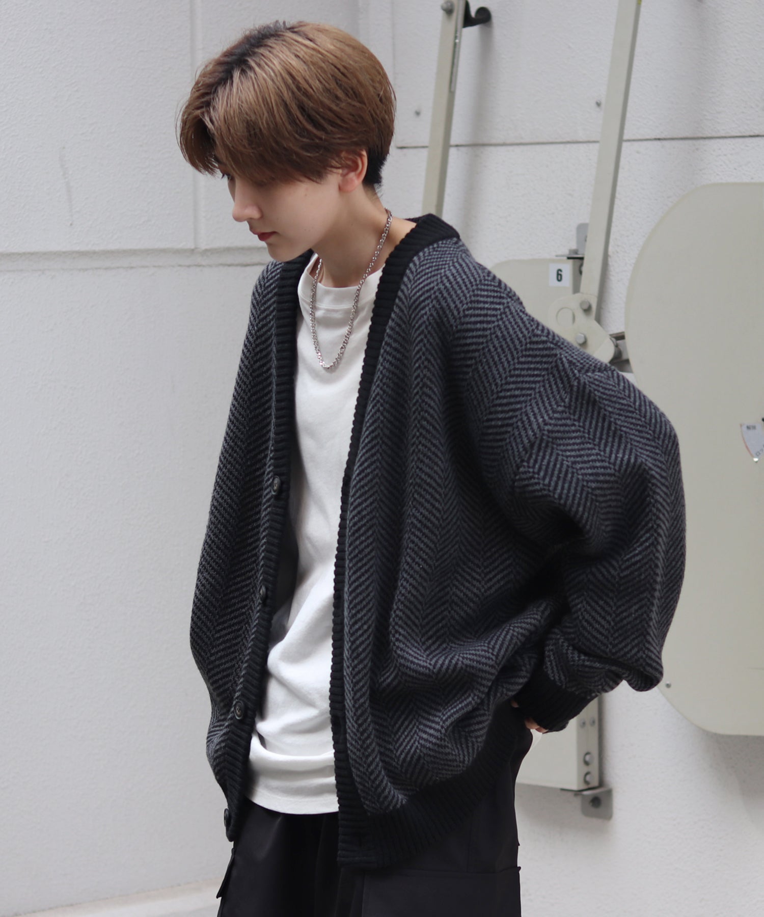 ビッグシルエット ヘリンボーン柄 ニットカーディガン