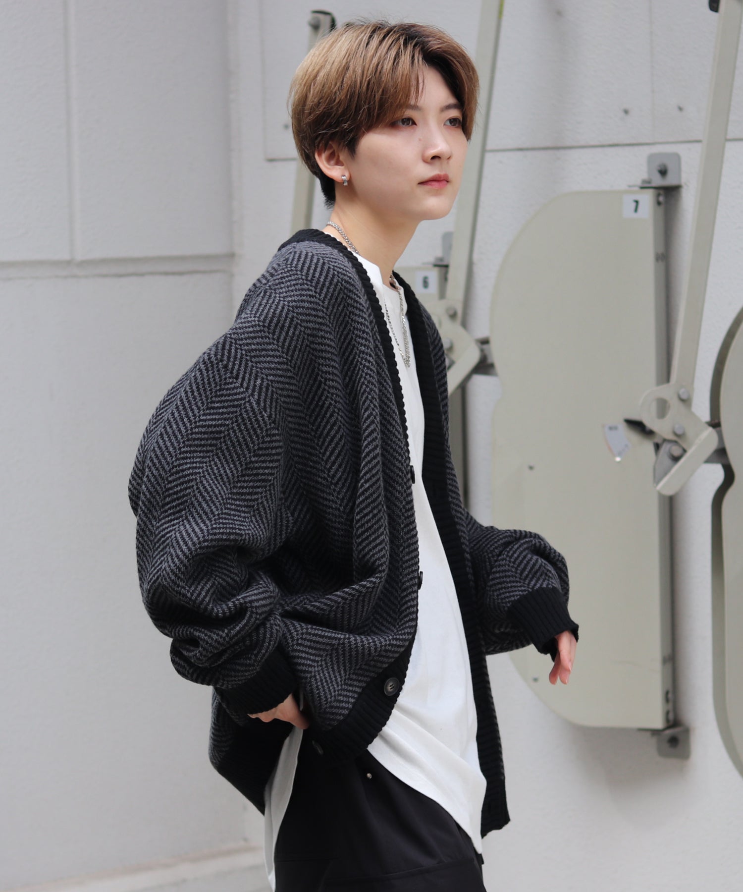 ビッグシルエット ヘリンボーン柄 ニットカーディガン