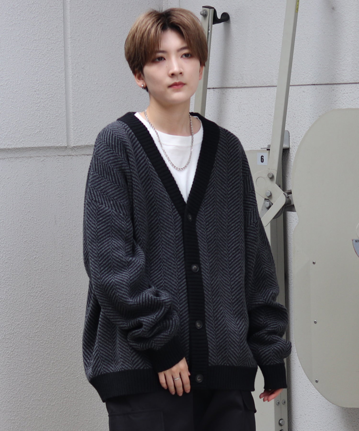 ビッグシルエット ヘリンボーン柄 ニットカーディガン