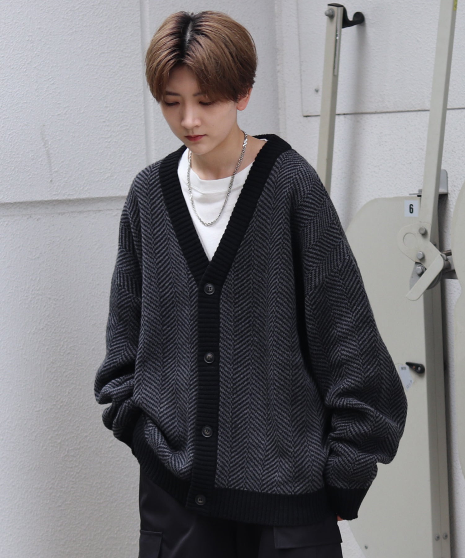 ビッグシルエット ヘリンボーン柄 ニットカーディガン