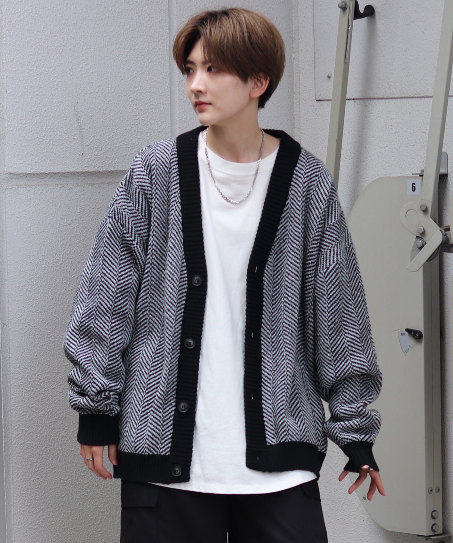 ビッグシルエット ヘリンボーン柄 ニットカーディガン