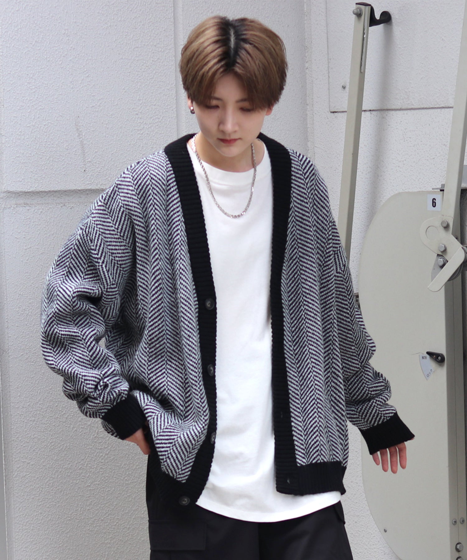 ビッグシルエット ヘリンボーン柄 ニットカーディガン