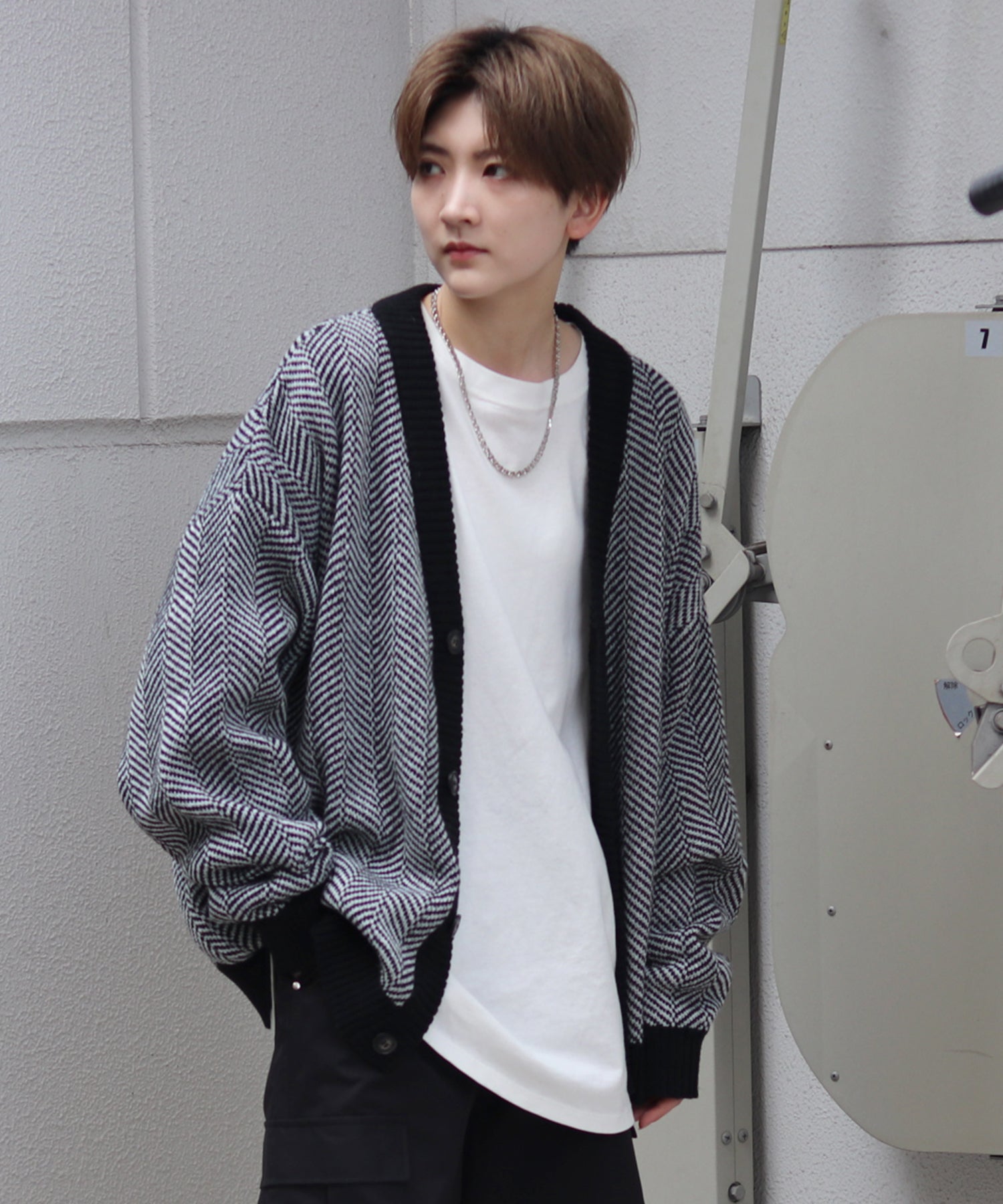 ビッグシルエット ヘリンボーン柄 ニットカーディガン