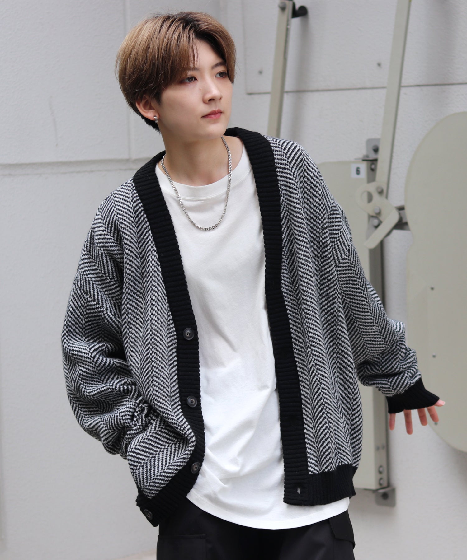 ビッグシルエット ヘリンボーン柄 ニットカーディガン