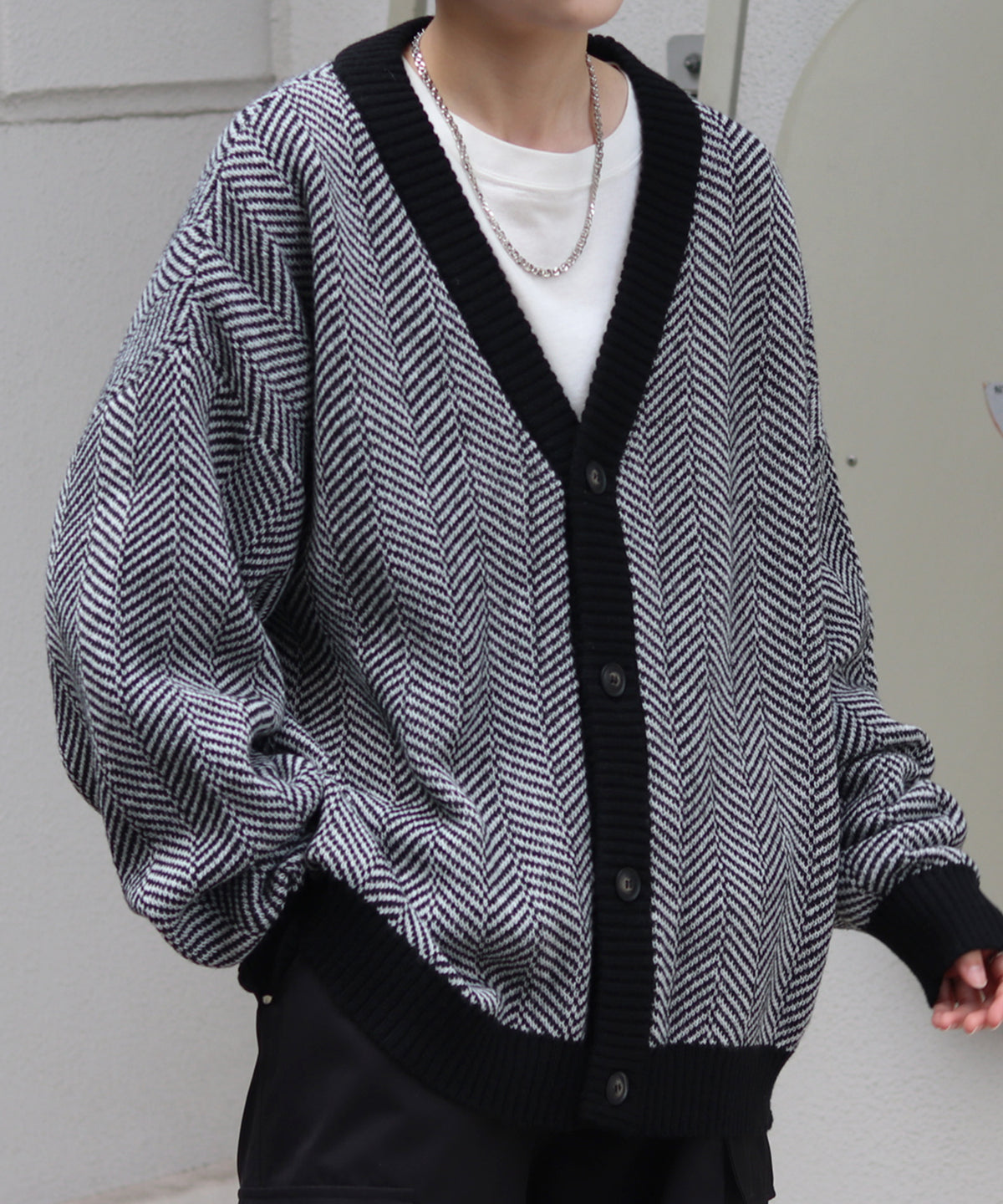 ビッグシルエット ヘリンボーン柄 ニットカーディガン