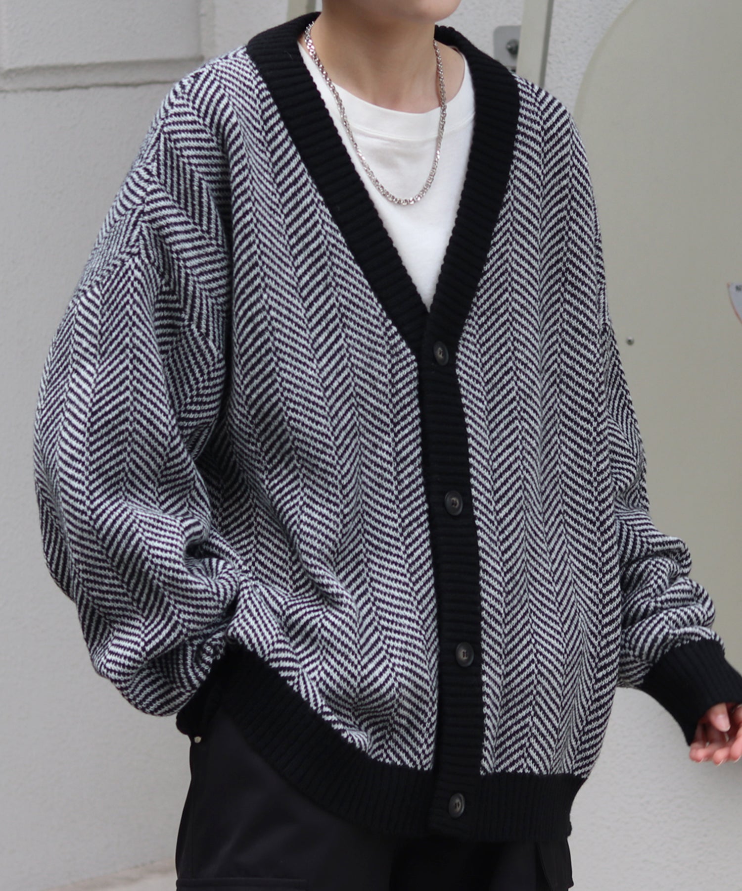 ビッグシルエット ヘリンボーン柄 ニットカーディガン