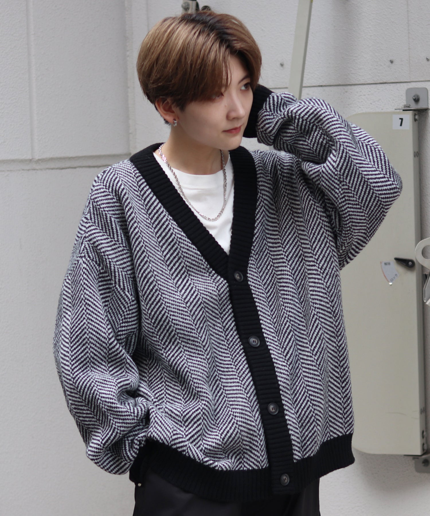 ビッグシルエット ヘリンボーン柄 ニットカーディガン
