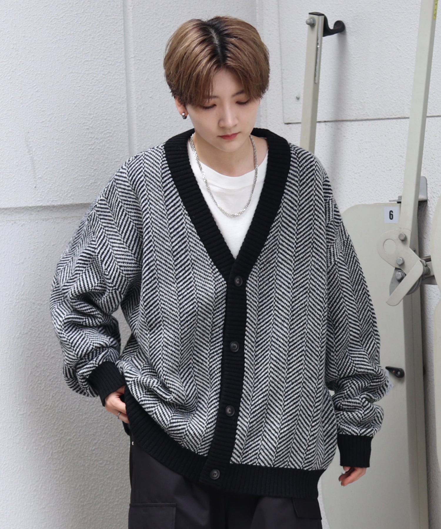 ビッグシルエット ヘリンボーン柄 ニットカーディガン