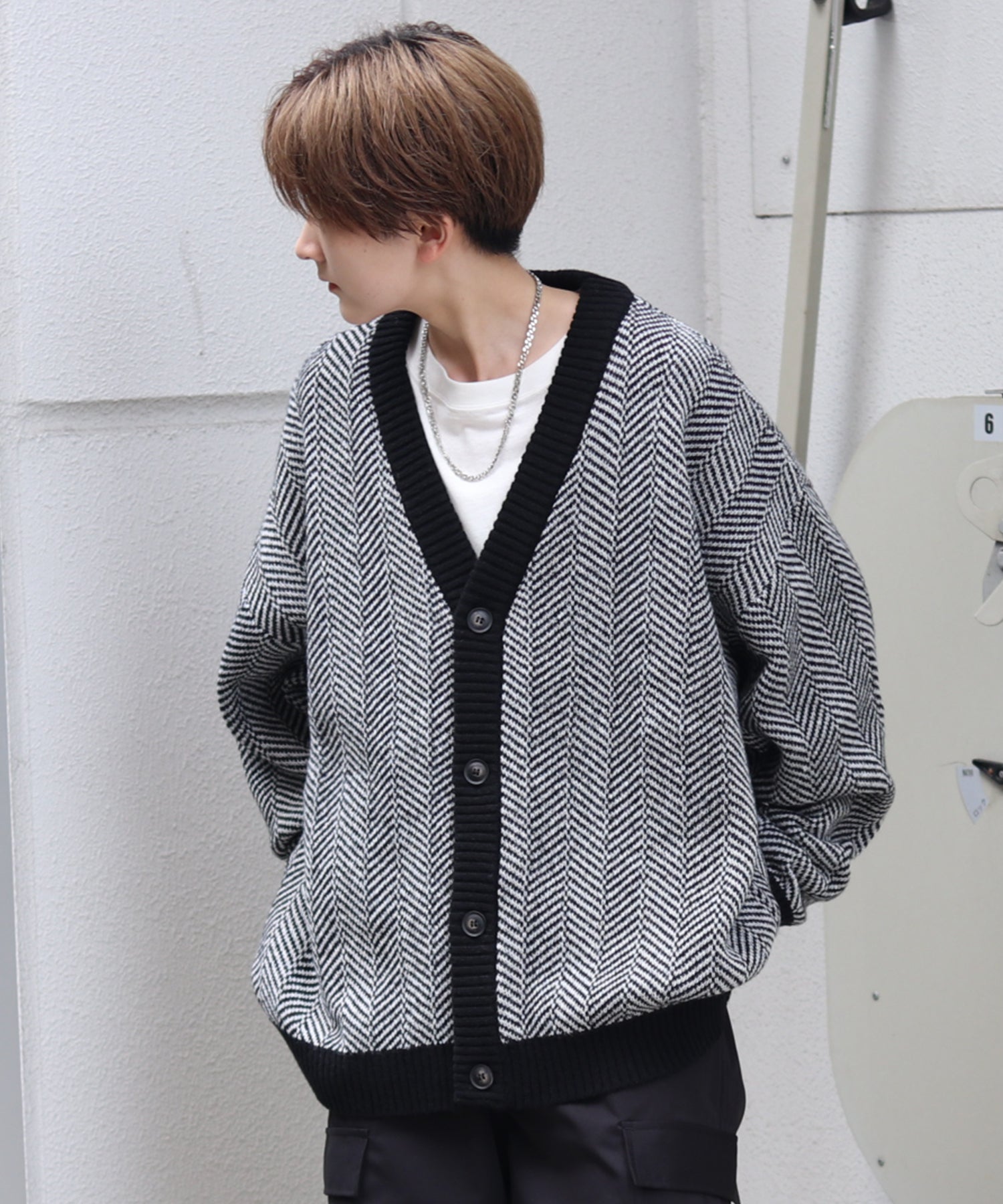 ビッグシルエット ヘリンボーン柄 ニットカーディガン