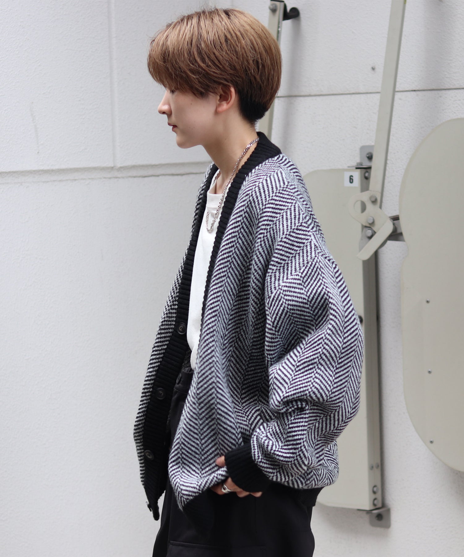 ビッグシルエット ヘリンボーン柄 ニットカーディガン