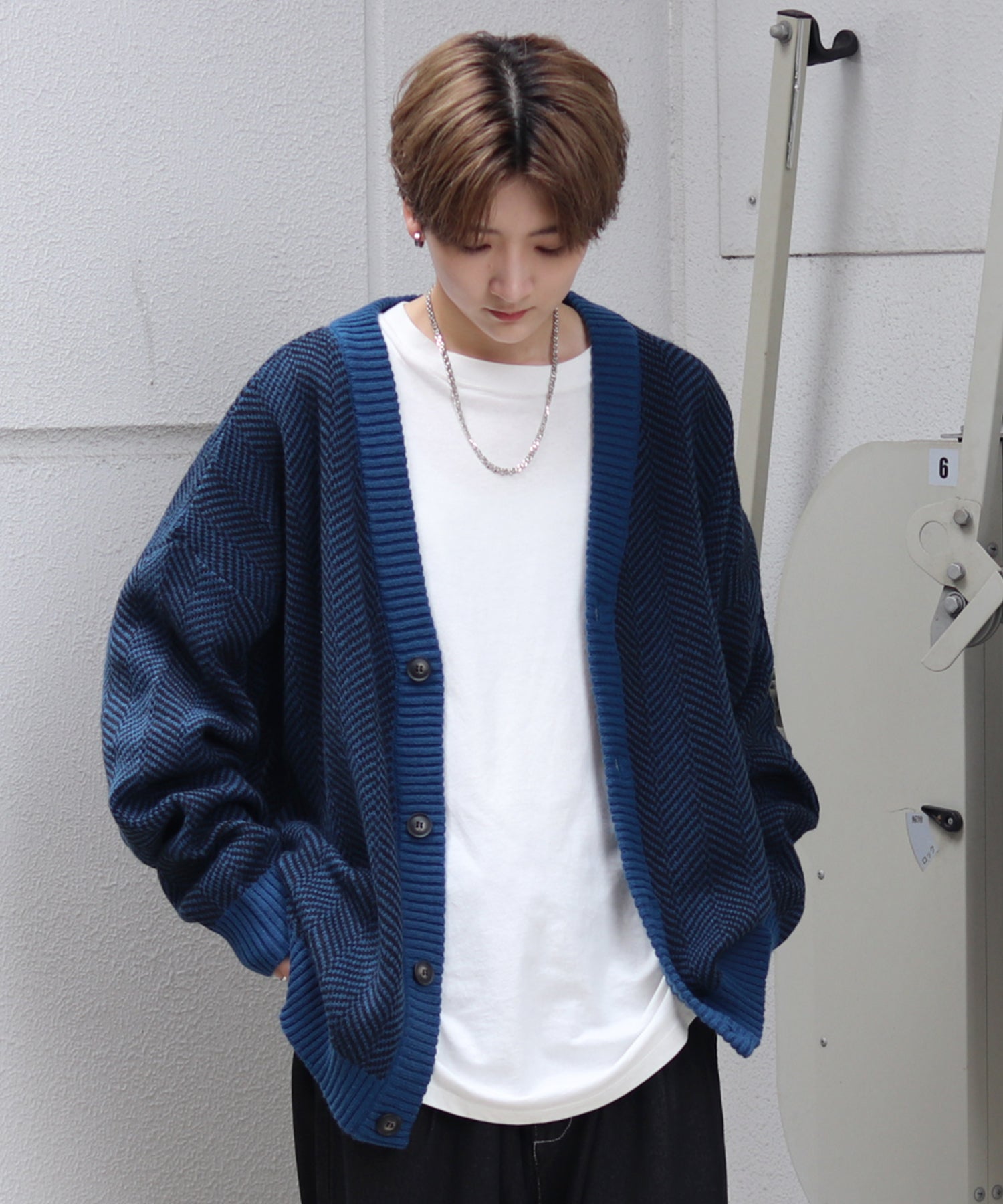 ビッグシルエット ヘリンボーン柄 ニットカーディガン