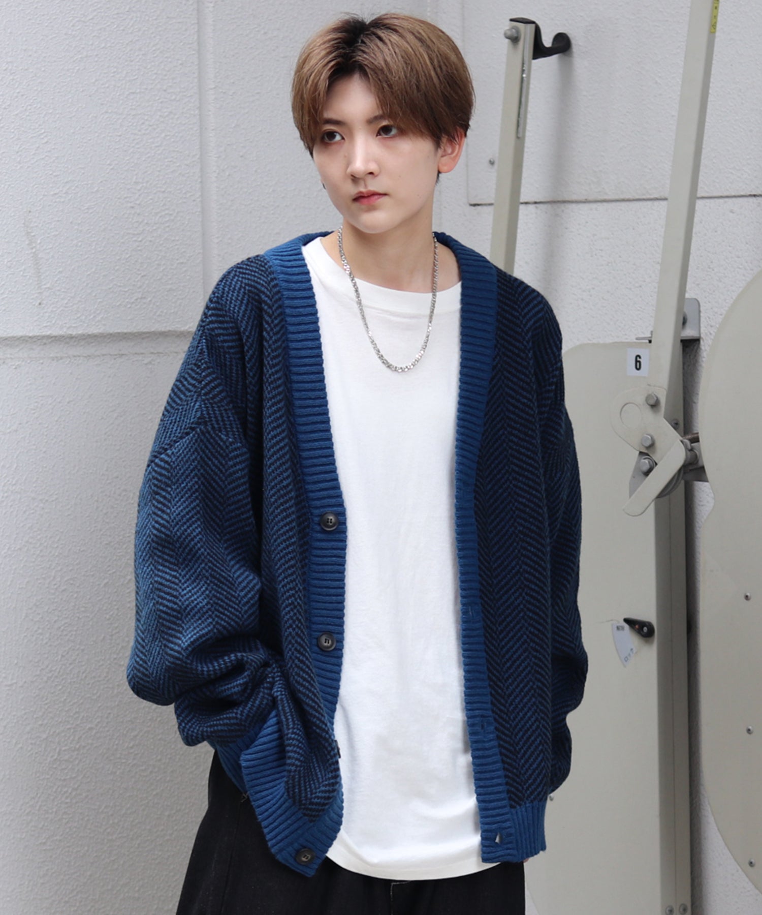 ビッグシルエット ヘリンボーン柄 ニットカーディガン