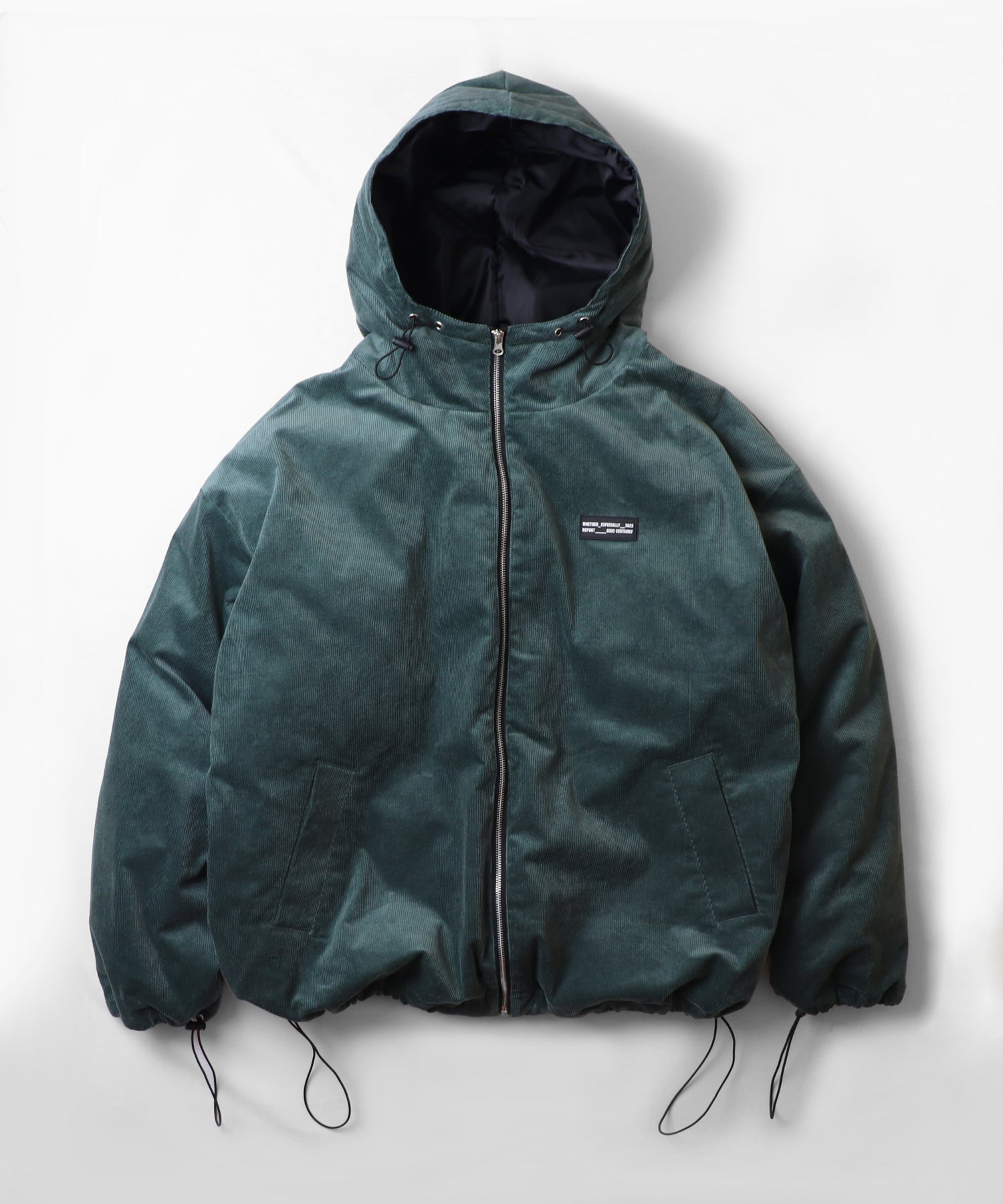 ビッグシルエット ラバーワンポイントロゴ コーデュロイ エコダウンジャケットフーディー