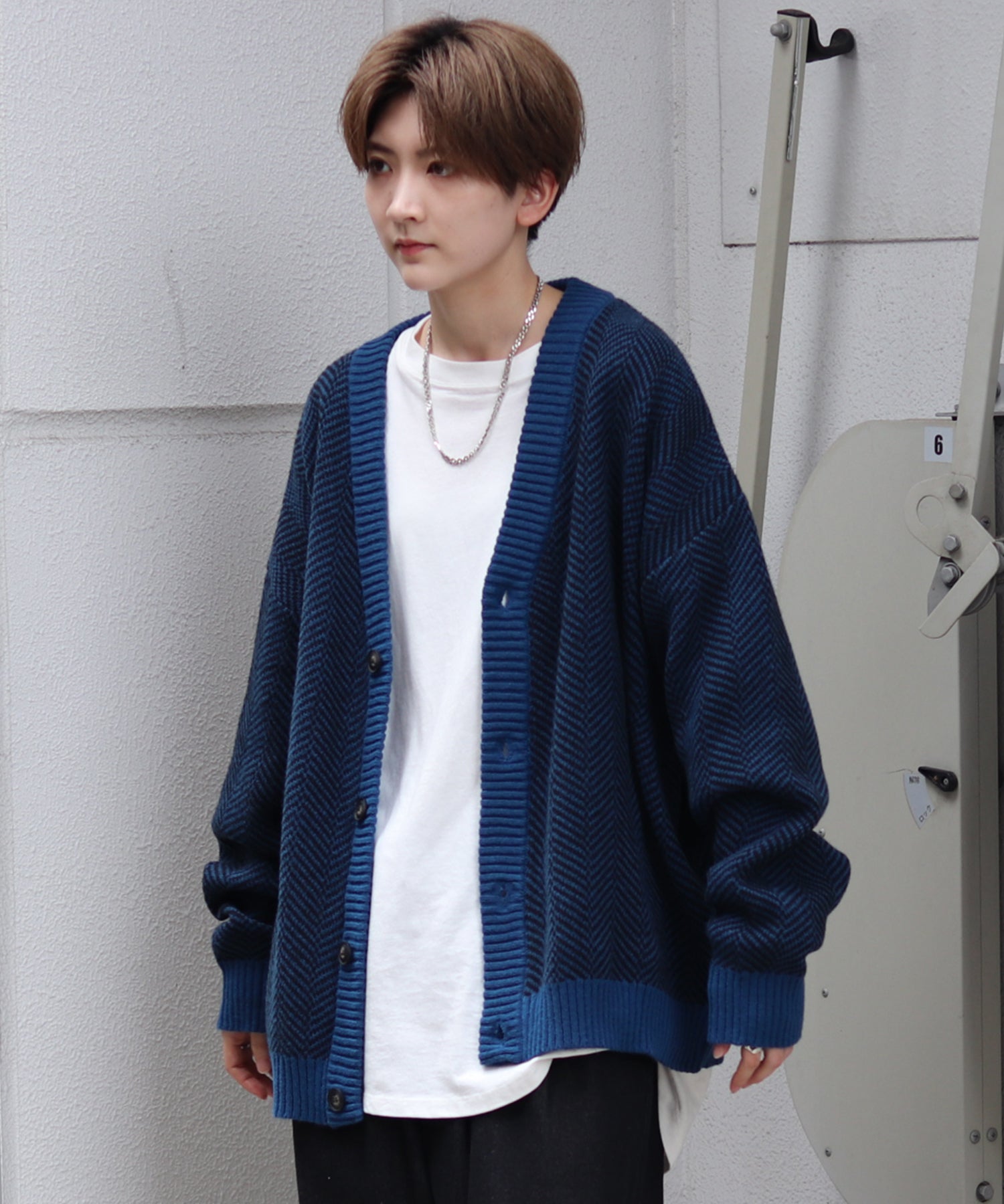 ビッグシルエット ヘリンボーン柄 ニットカーディガン