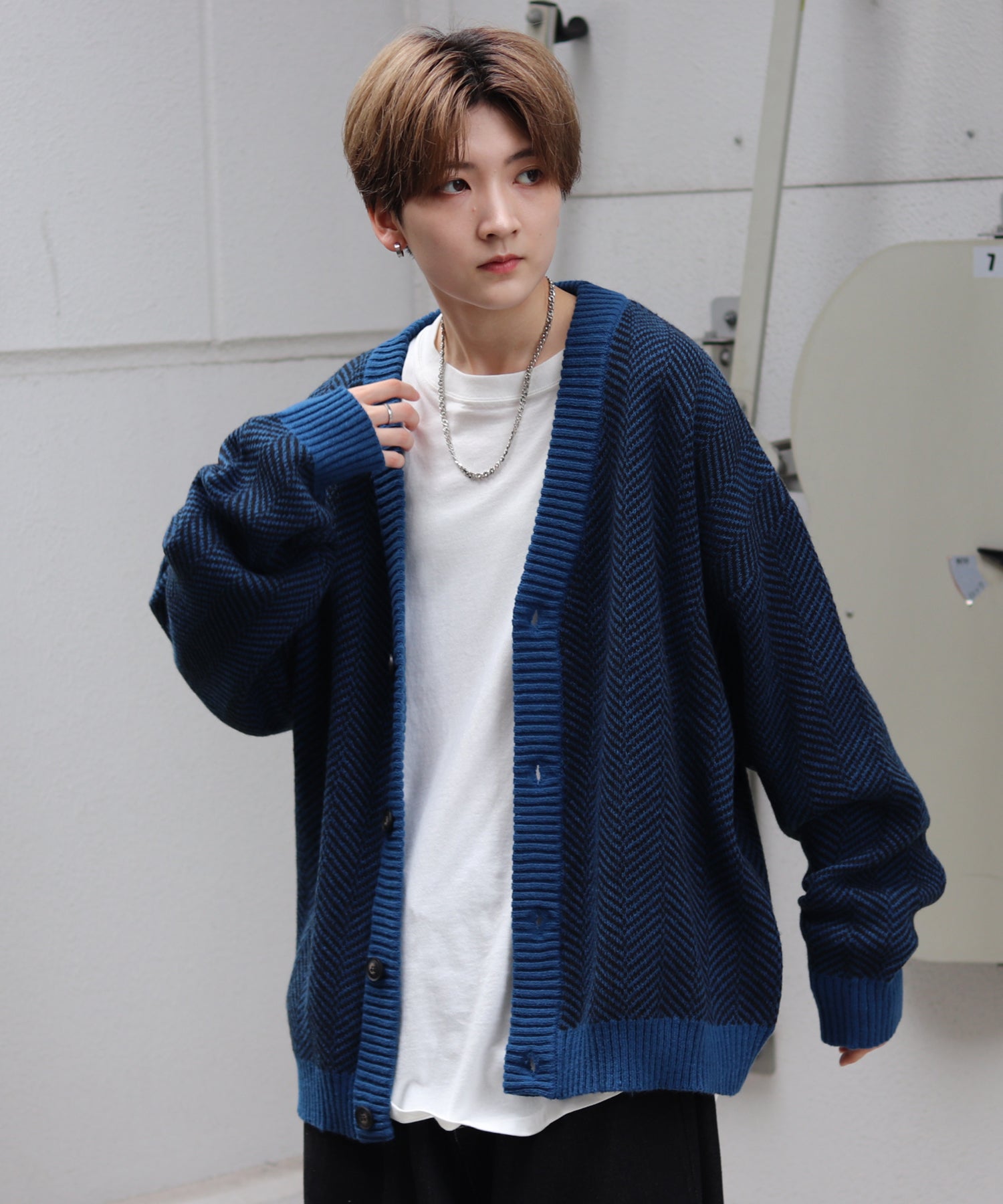 ビッグシルエット ヘリンボーン柄 ニットカーディガン