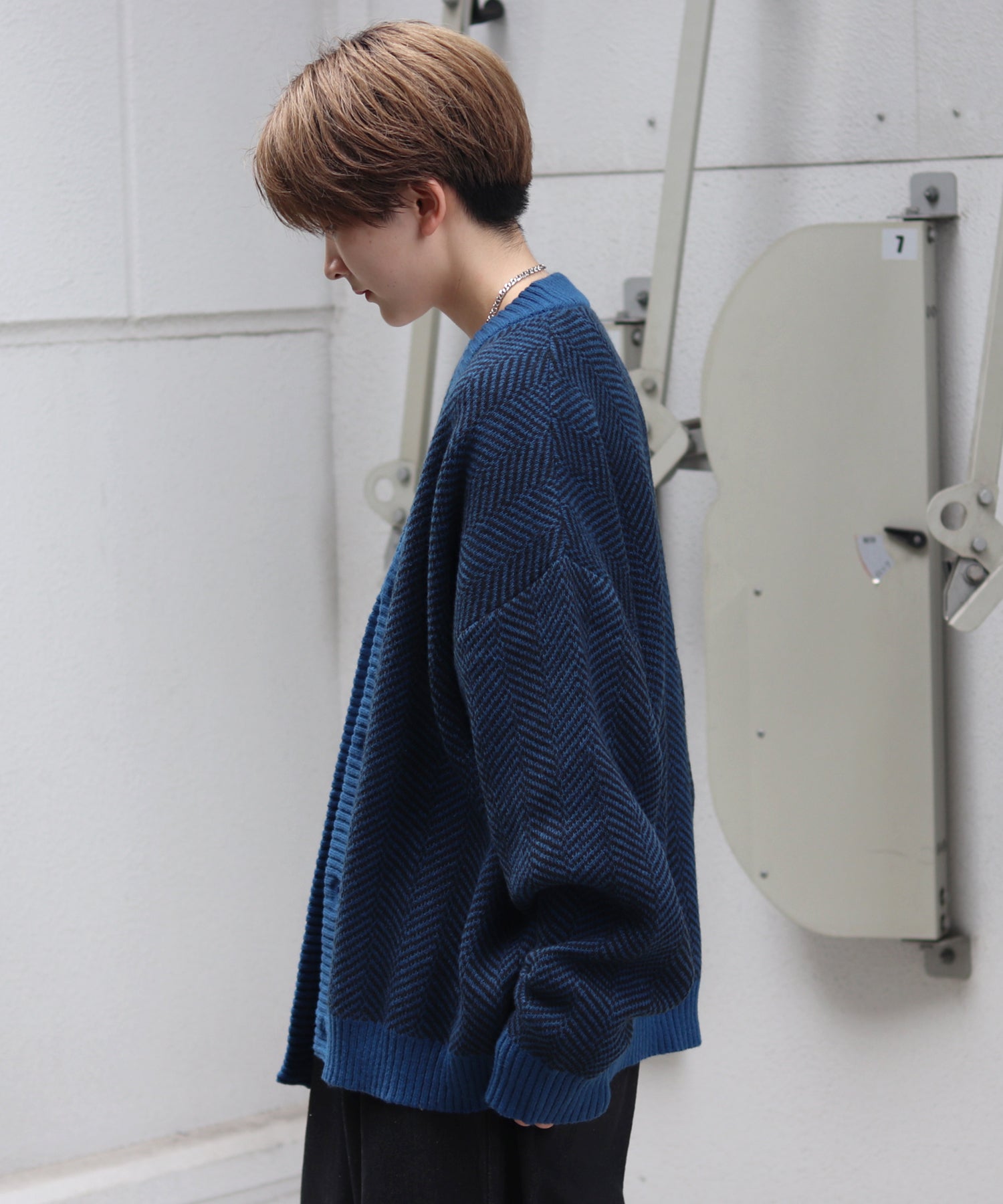 ビッグシルエット ヘリンボーン柄 ニットカーディガン