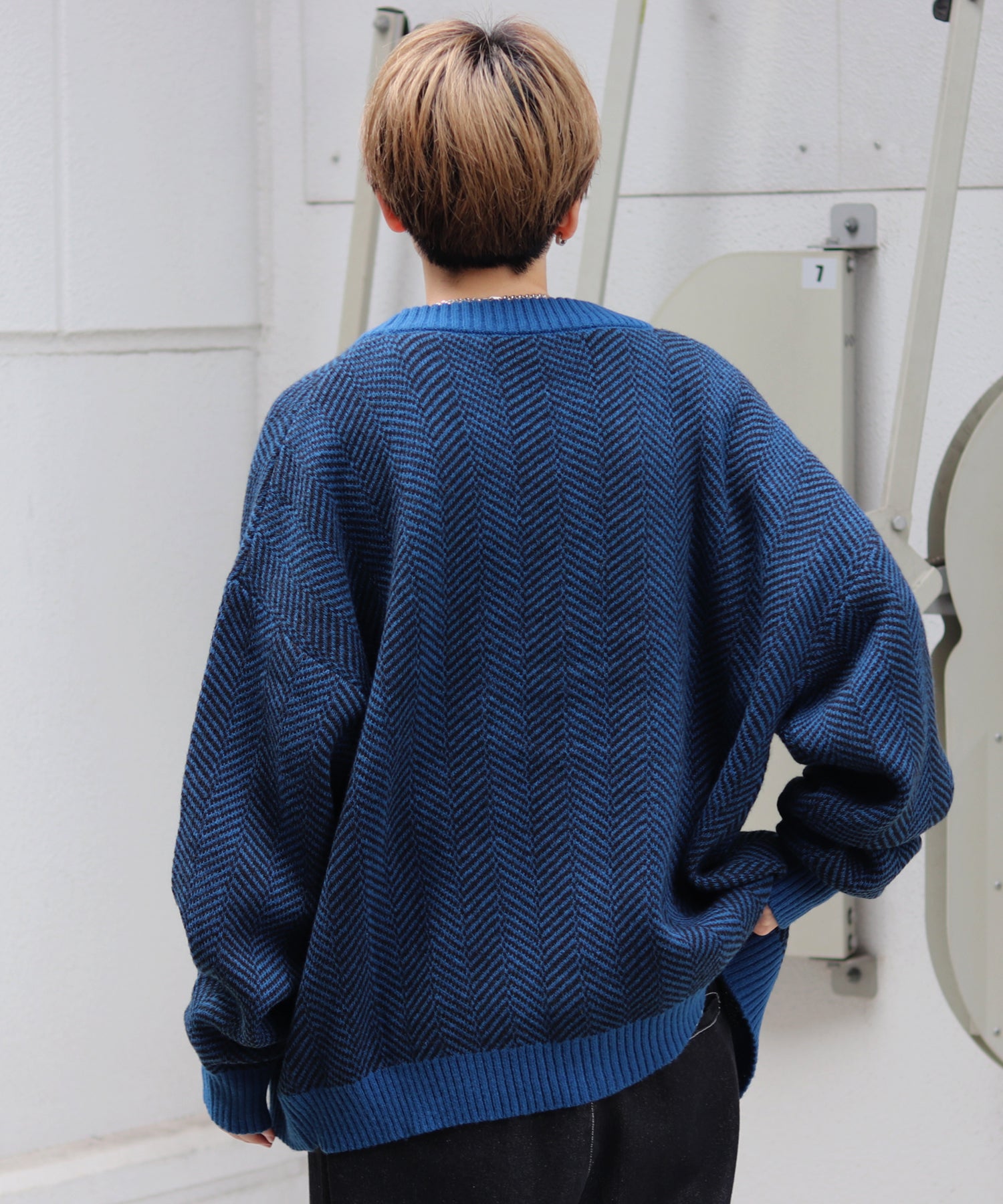 ビッグシルエット ヘリンボーン柄 ニットカーディガン