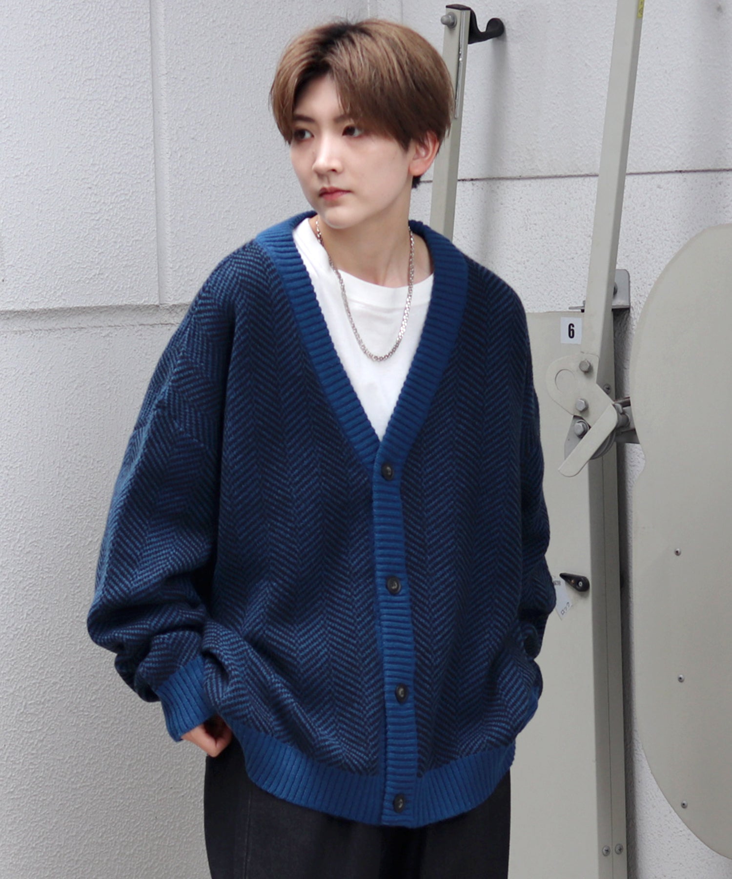 ビッグシルエット ヘリンボーン柄 ニットカーディガン