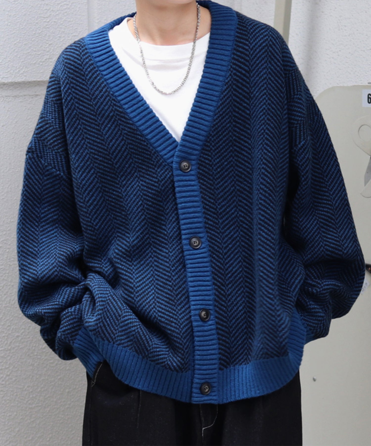 ビッグシルエット ヘリンボーン柄 ニットカーディガン