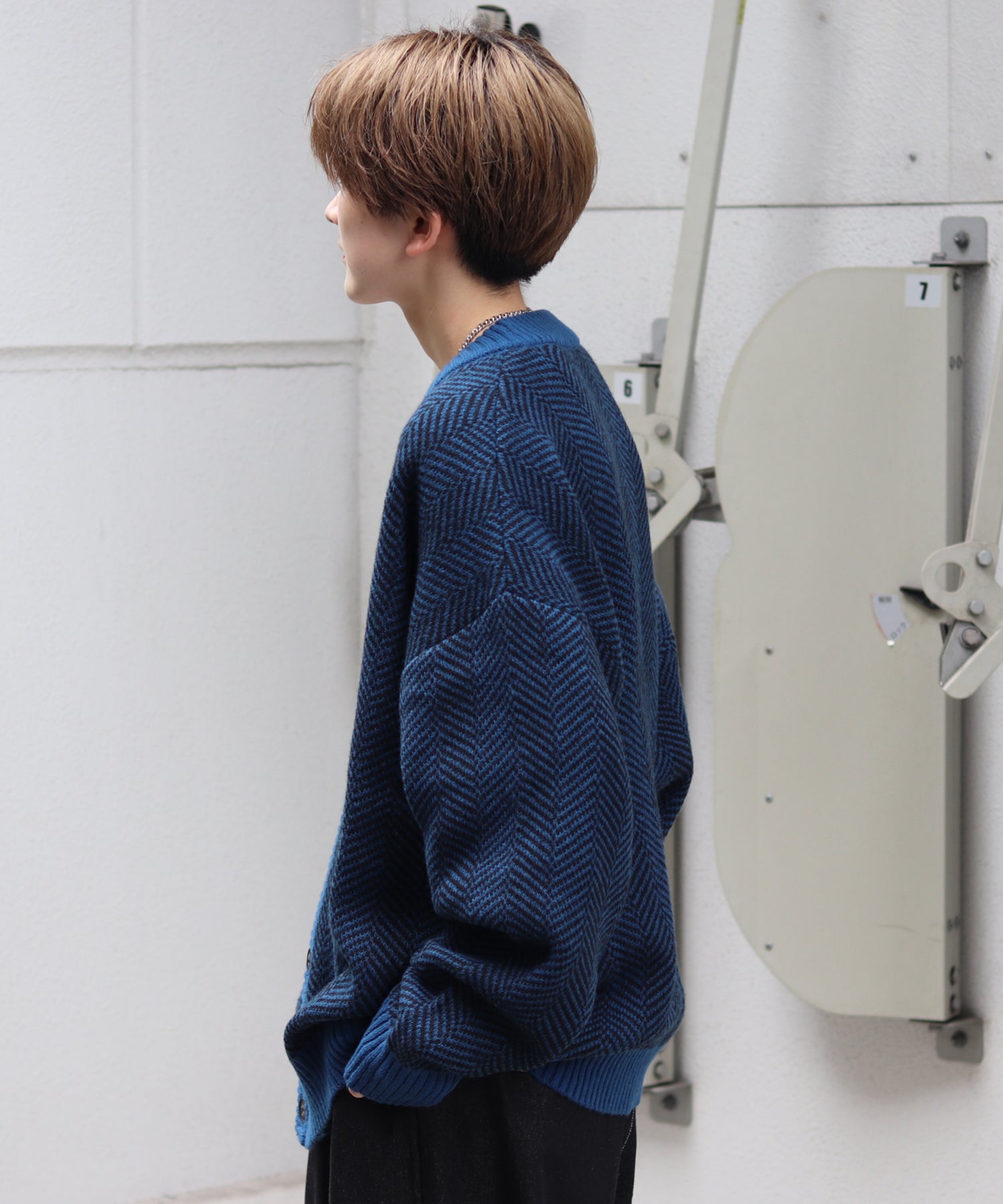 ビッグシルエット ヘリンボーン柄 ニットカーディガン