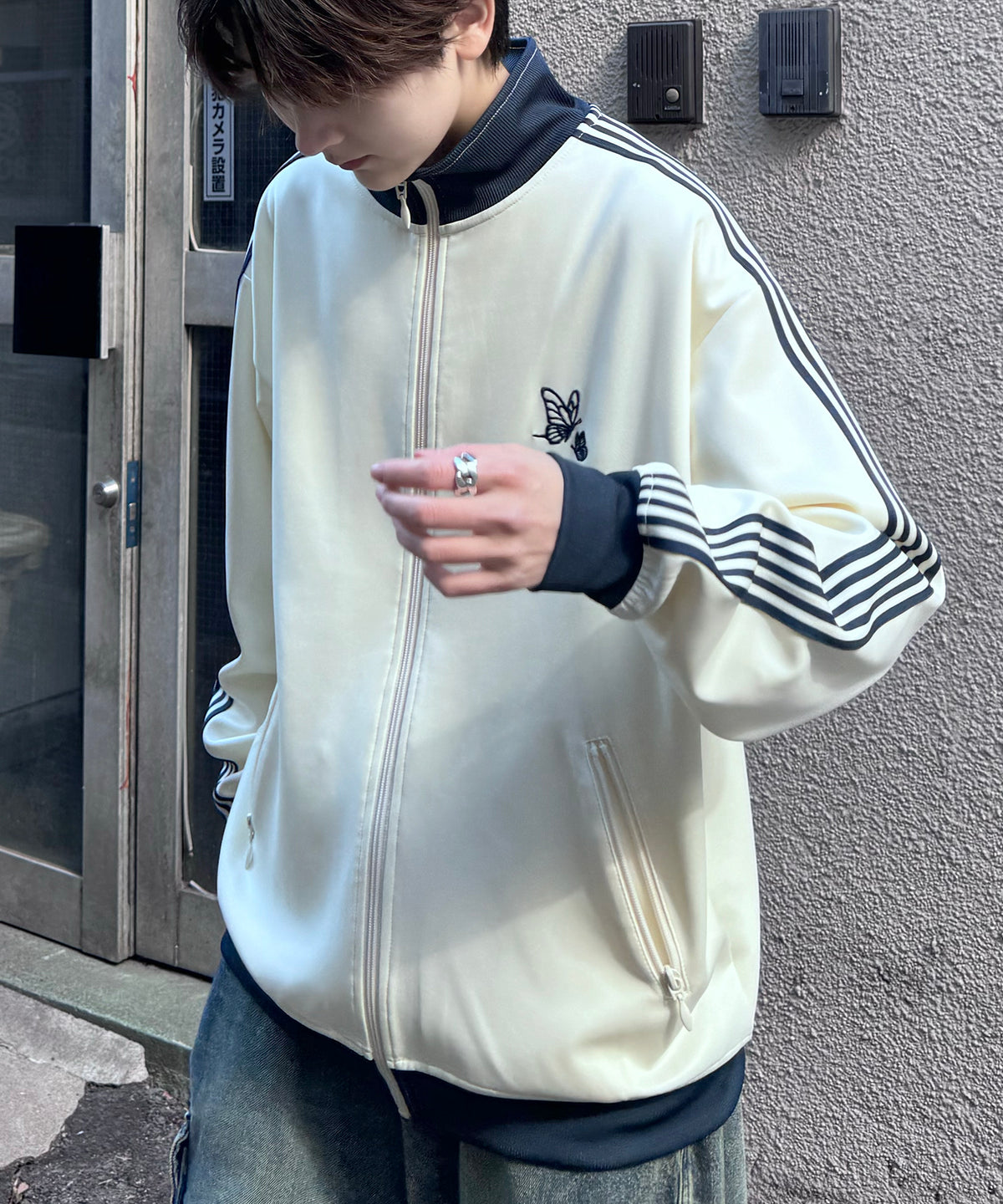 新色追加【セットアップ対応】WEB限定 ビッグシルエット ワンポイント刺繍 袖ラインジャージ トラックジャケット