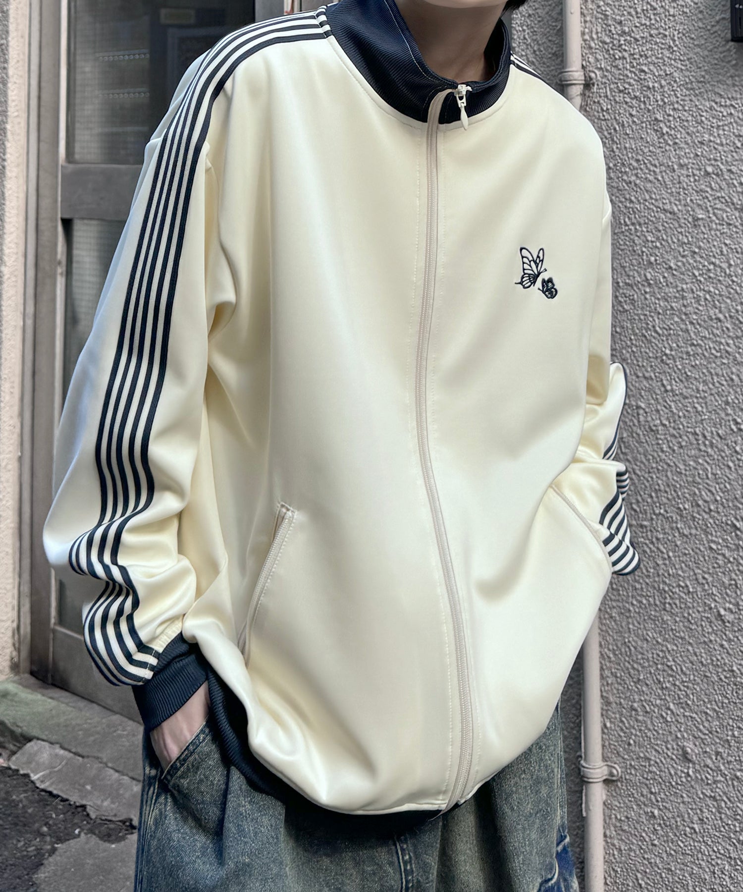 新色追加【セットアップ対応】WEB限定 ビッグシルエット ワンポイント刺繍 袖ラインジャージ トラックジャケット