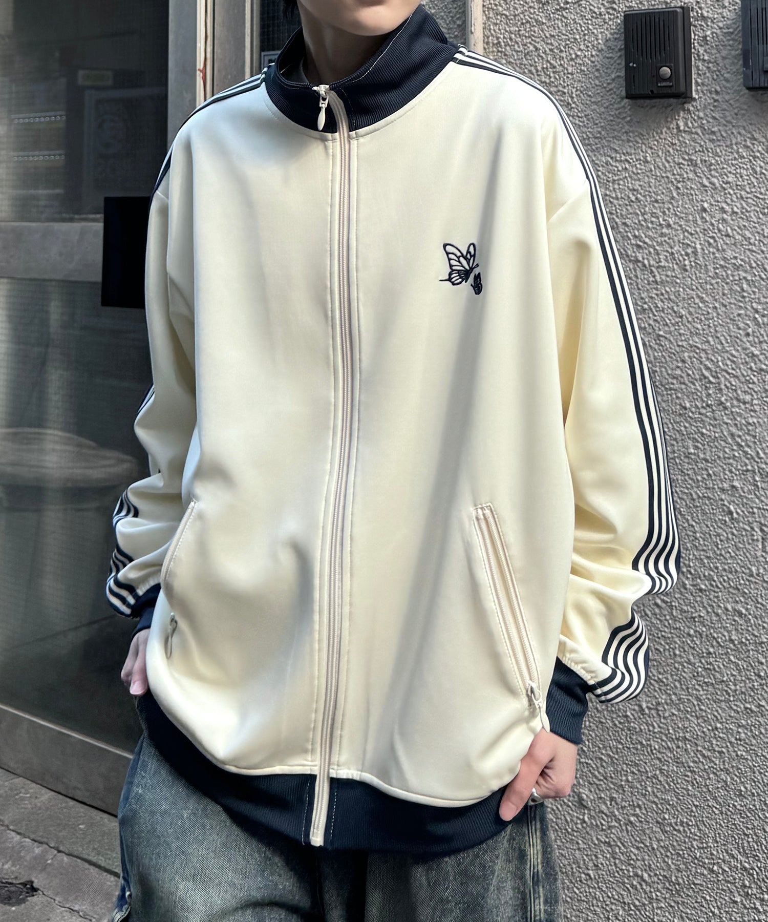 新色追加【セットアップ対応】WEB限定 ビッグシルエット ワンポイント刺繍 袖ラインジャージ トラックジャケット