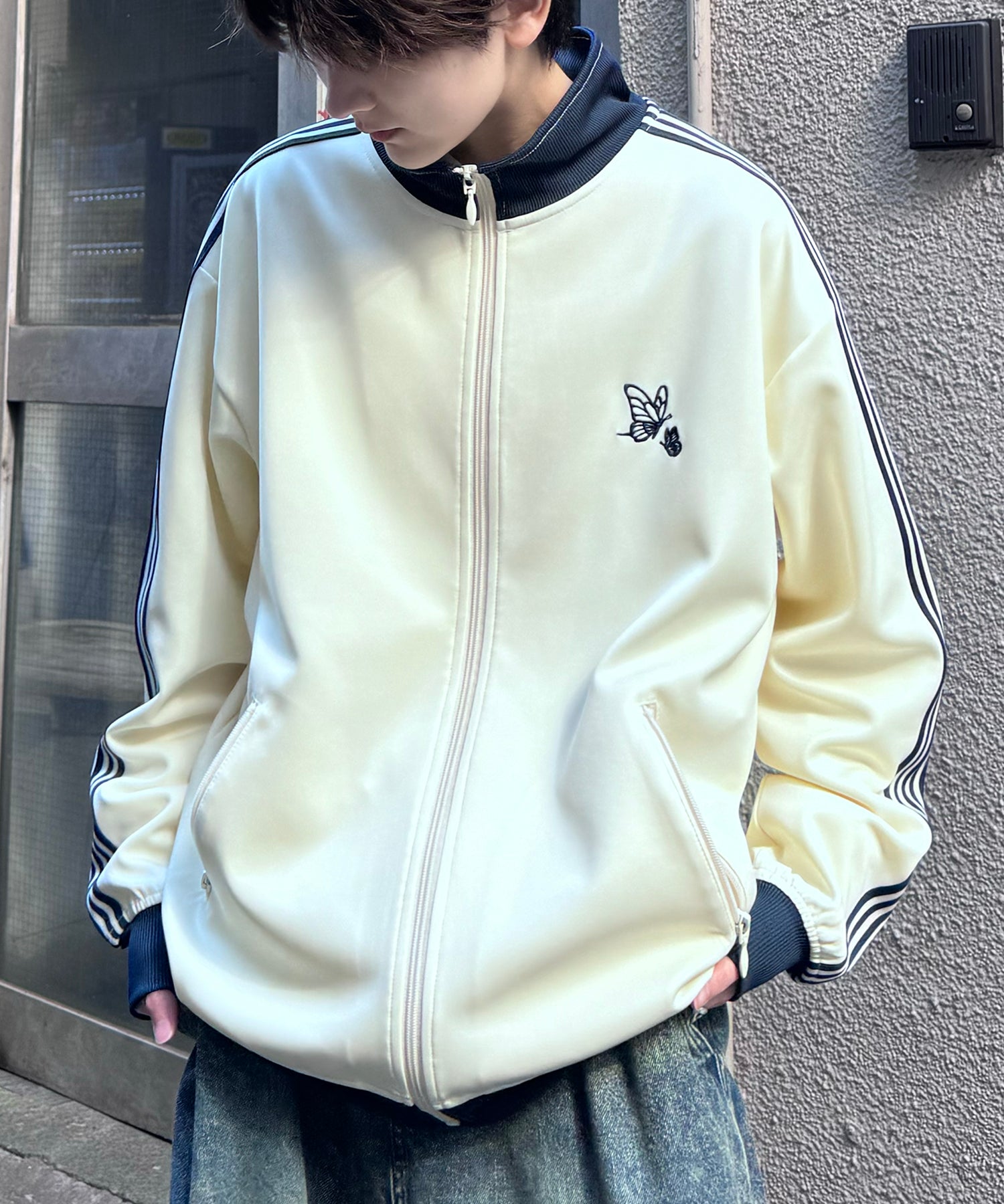 新色追加【セットアップ対応】WEB限定 ビッグシルエット ワンポイント刺繍 袖ラインジャージ トラックジャケット