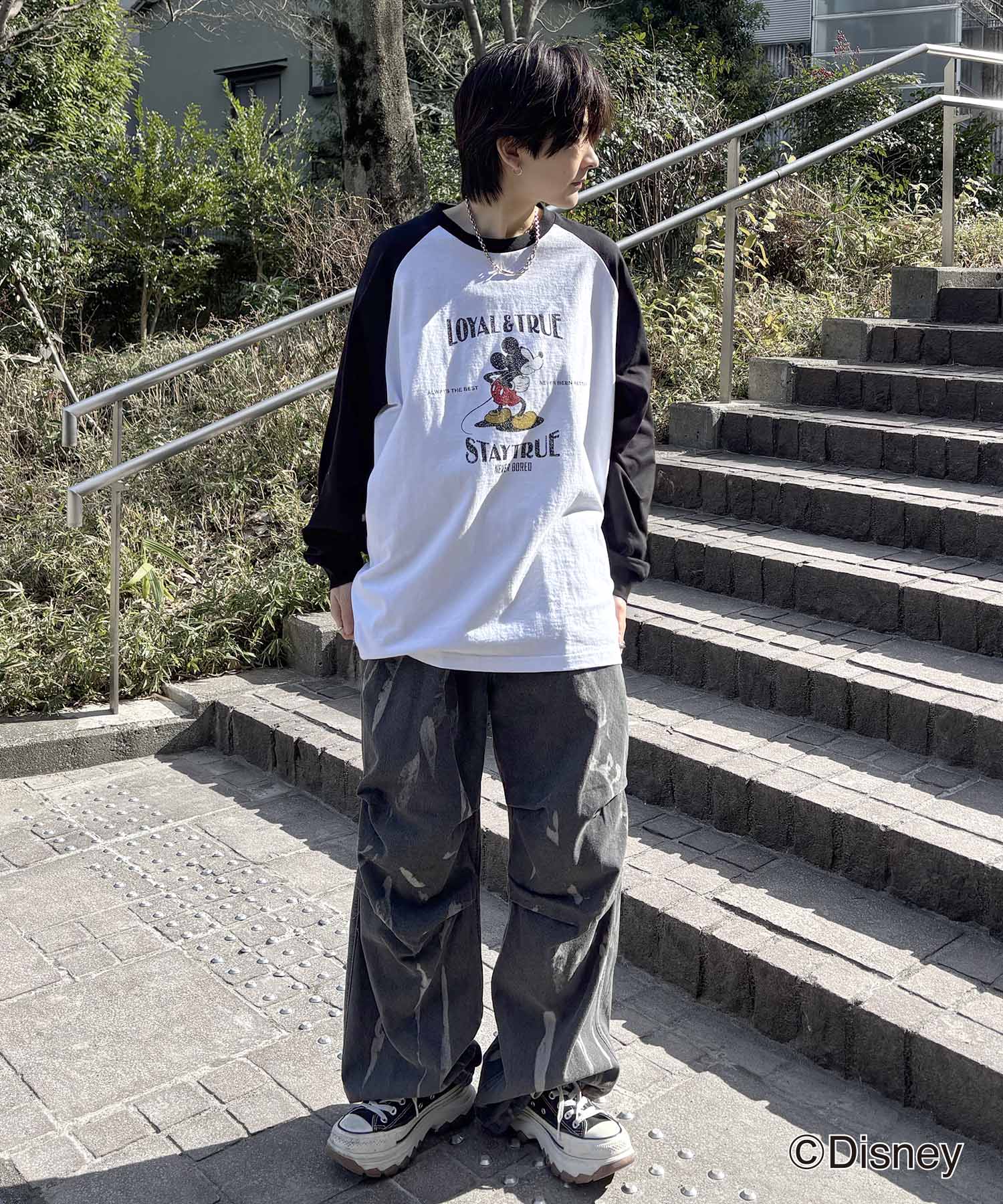 25SS Disney Mickey / ミッキー ヴィンテージライク レトログラフィック 古着風クラックプリント ビッグシルエット ラグランロンT