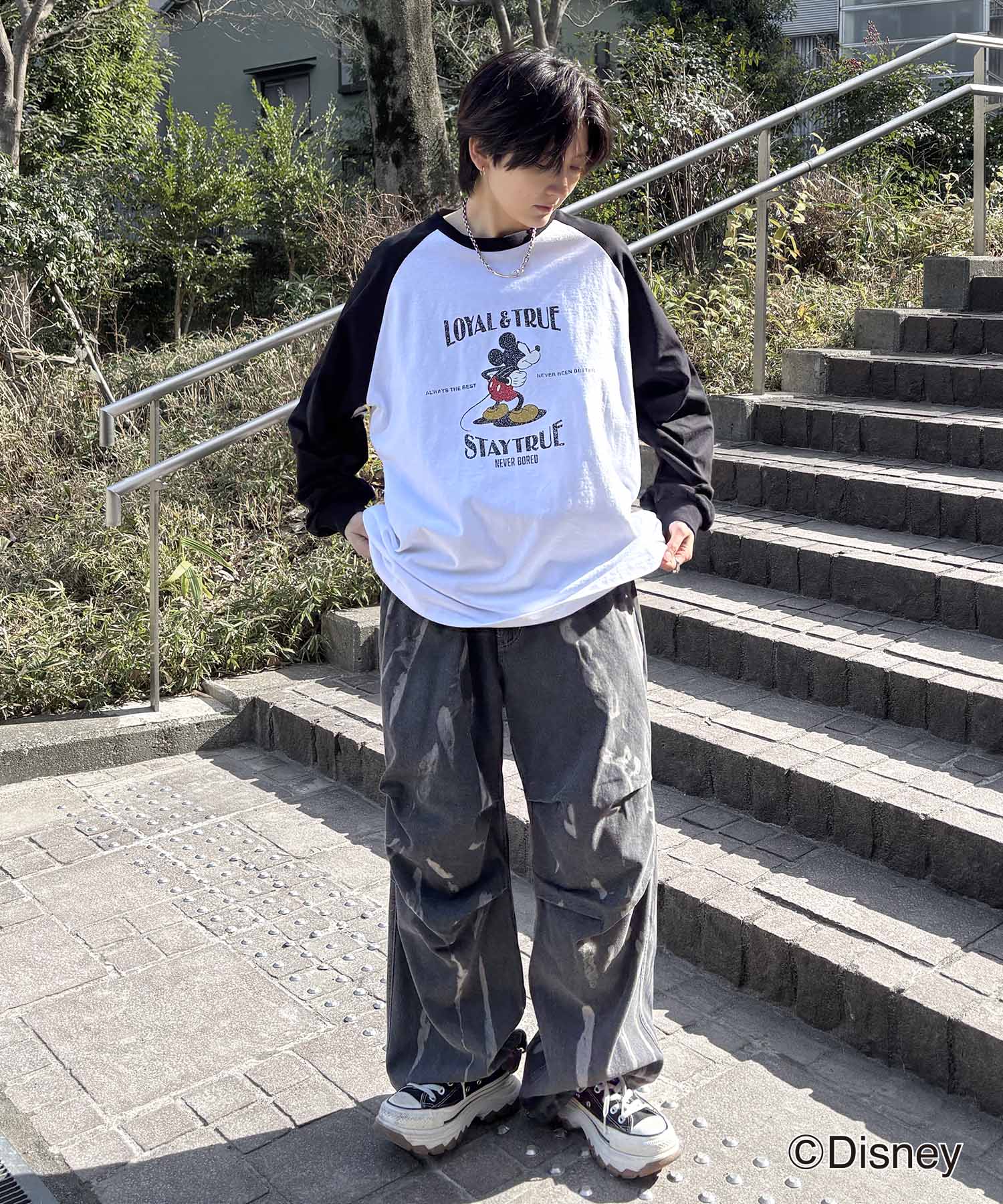 25SS Disney Mickey / ミッキー ヴィンテージライク レトログラフィック 古着風クラックプリント ビッグシルエット ラグランロンT