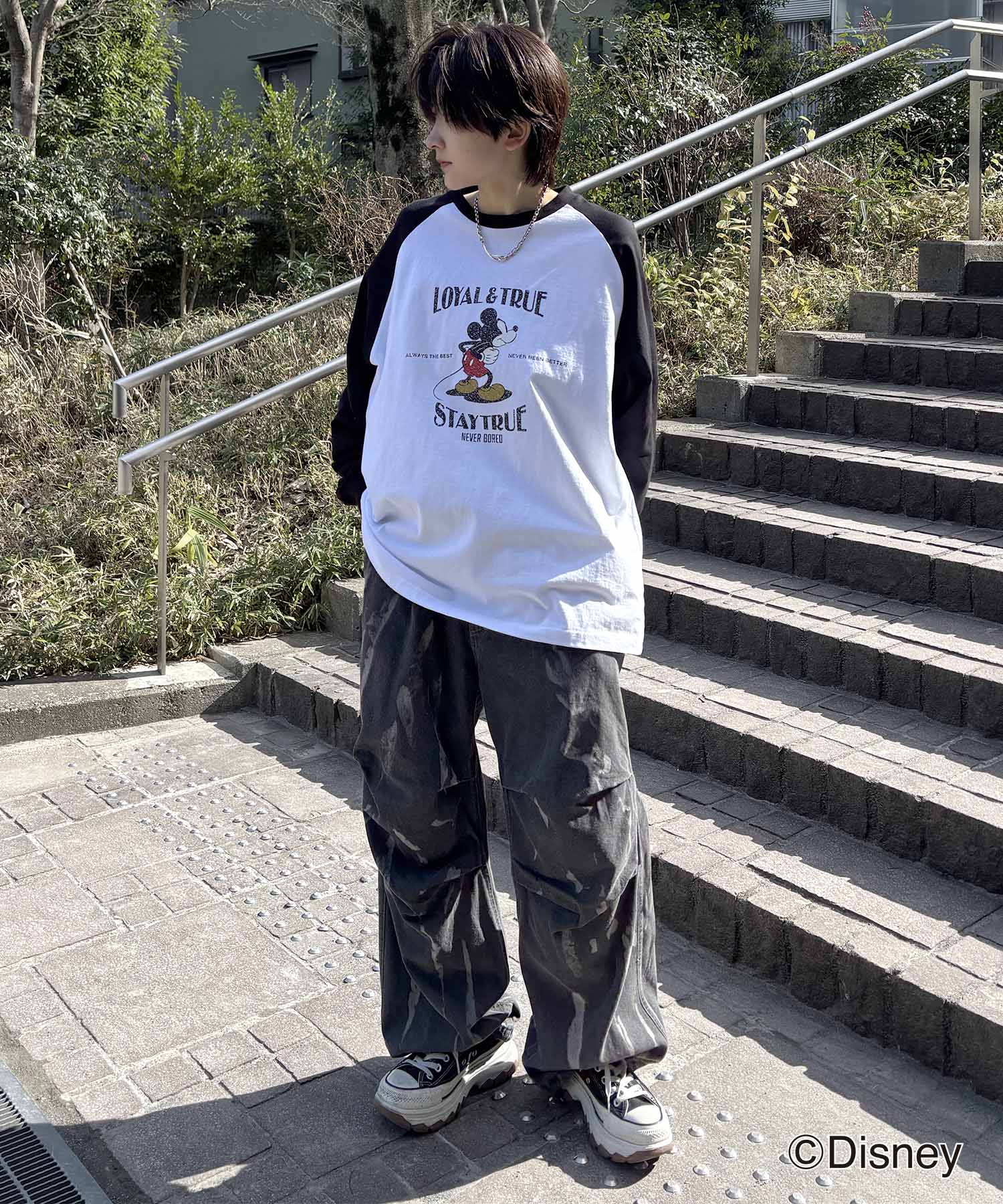25SS Disney Mickey / ミッキー ヴィンテージライク レトログラフィック 古着風クラックプリント ビッグシルエット ラグランロンT