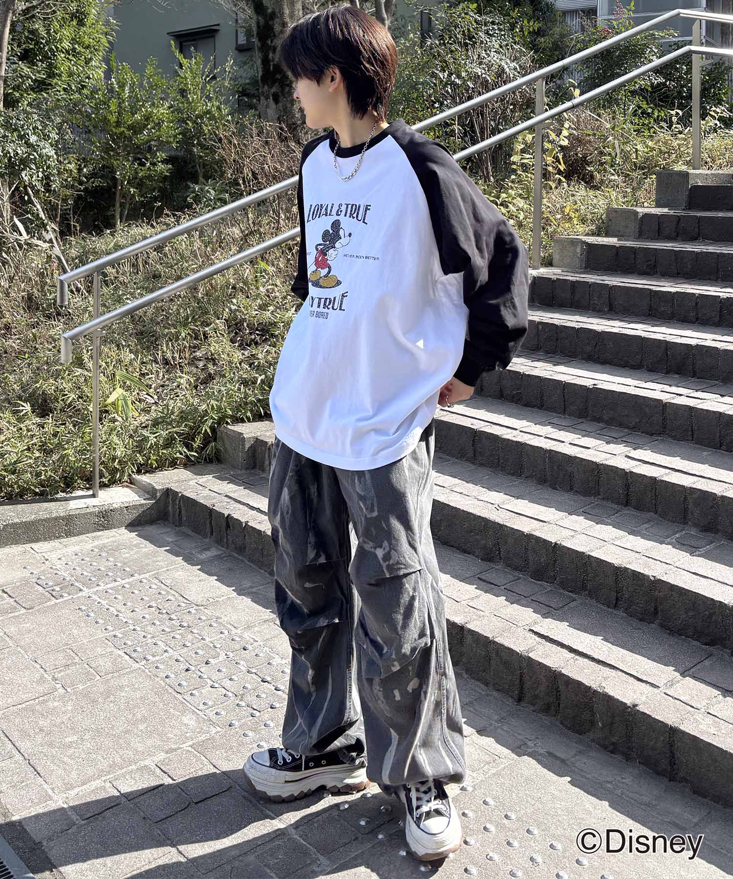 25SS Disney Mickey / ミッキー ヴィンテージライク レトログラフィック 古着風クラックプリント ビッグシルエット ラグランロンT